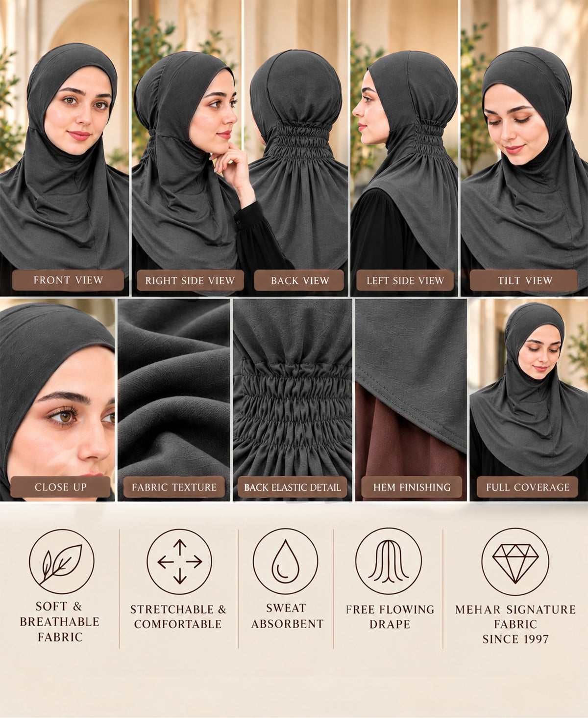 [PILOT] MEHAR HIJAB Najla Ninja Cap for Women - Bamboo Modal Lycra, 6 Neutral Shades