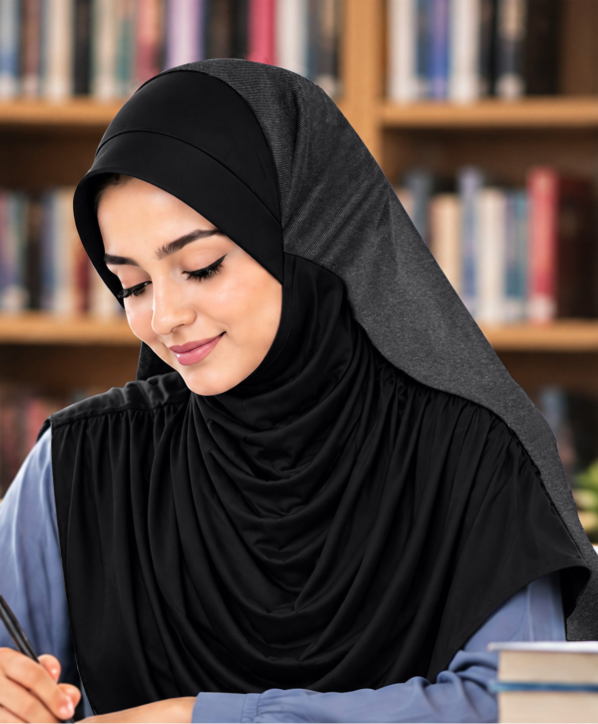 MEHAR Faeezah DD Dual-Texture Hijab for Women - Black / Chocolate / Formal Grey