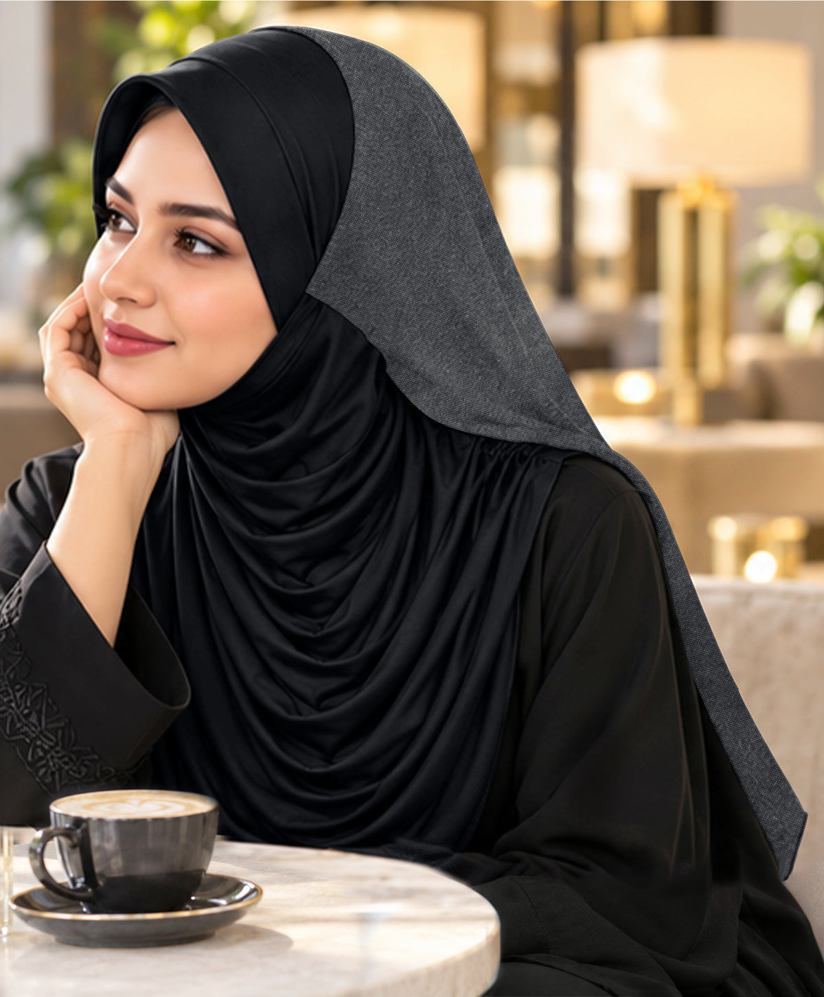 MEHAR Faeezah DD Dual-Texture Hijab for Women - Black / Chocolate / Formal Grey