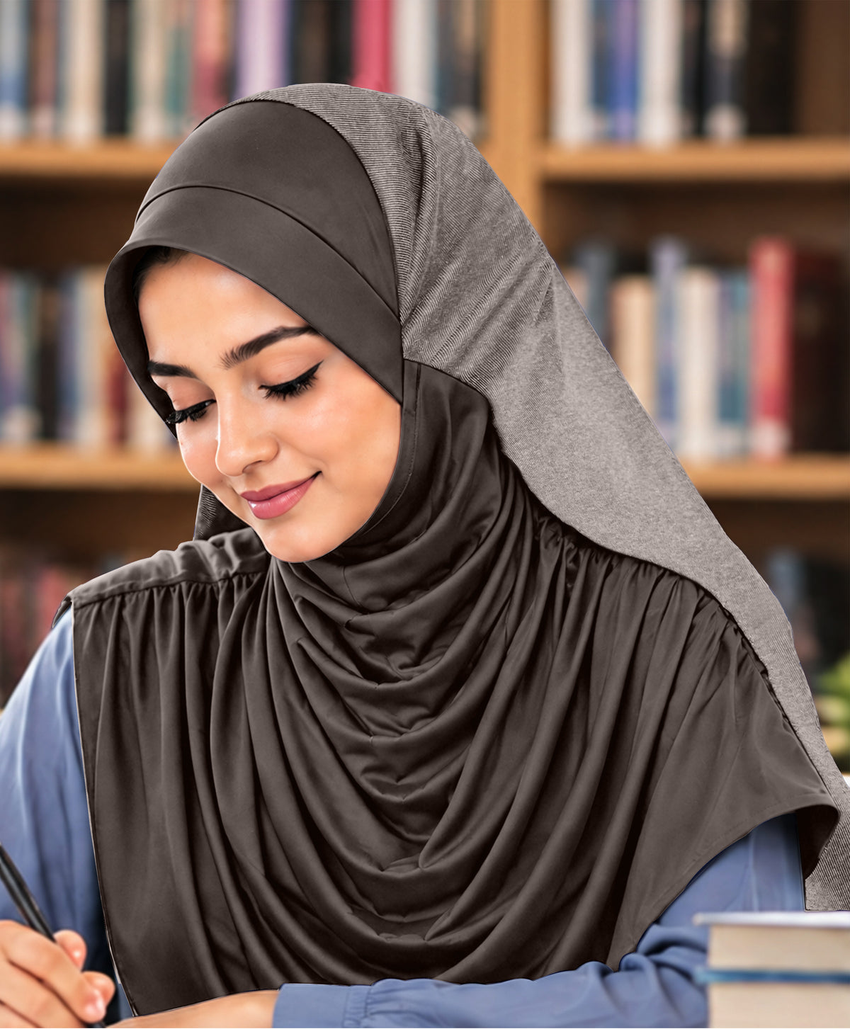MEHAR Faeezah DD Dual-Texture Hijab for Women - Black / Chocolate / Formal Grey