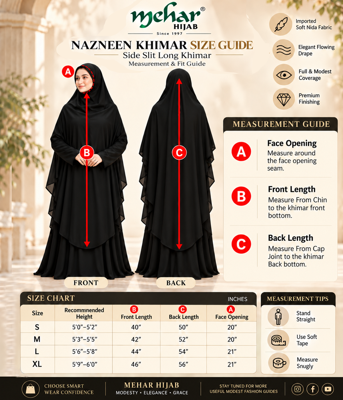 MEHAR Nazneen Long Khimar for Women Nida fabric - Mehar signature Jersey Cap, Ready-to-Wear