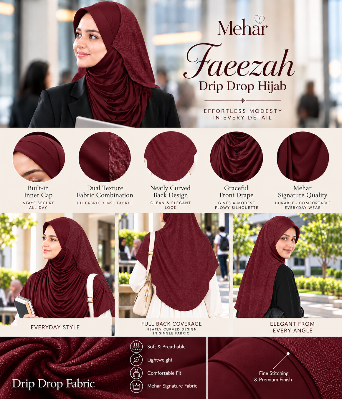 MEHAR Faeezah DD Dual-Texture Hijab for Women - Black / Chocolate / Formal Grey