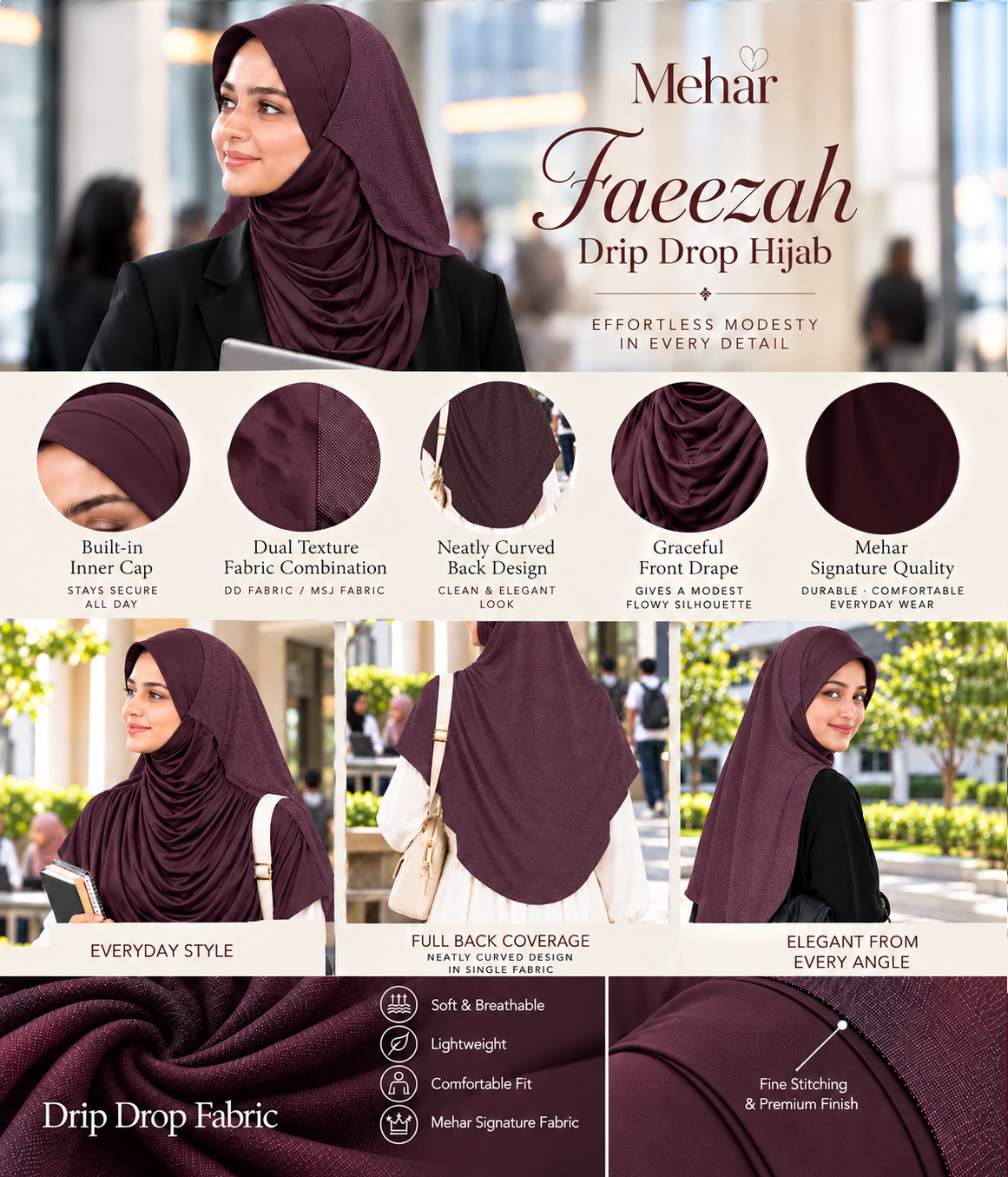 MEHAR Faeezah DD Dual-Texture Hijab for Women - Black / Chocolate / Formal Grey