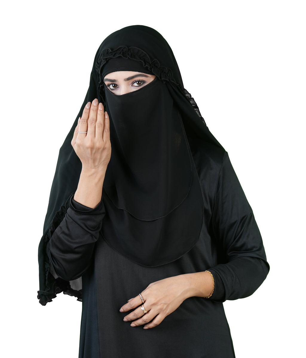 Zeba Sultana Premium Black Niqab with Delicate Frill Border Detailing – Elegant