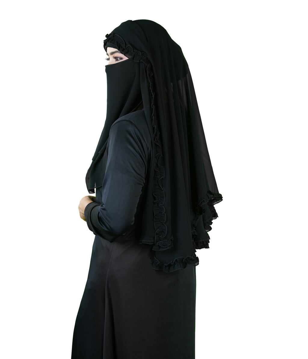 Zeba Sultana Premium Black Niqab with Delicate Frill Border Detailing – Elegant
