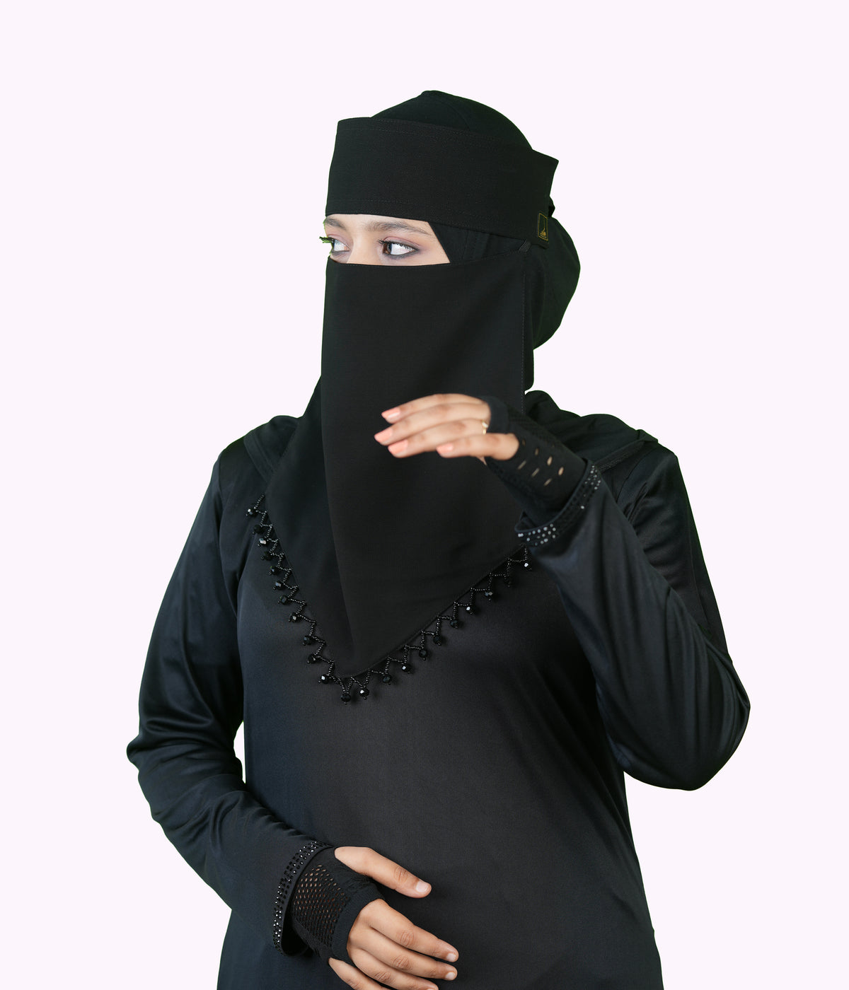 Mehar Hijab | Inaya Black Niqab with Beaded Triangle Embroidery and Headband Cap