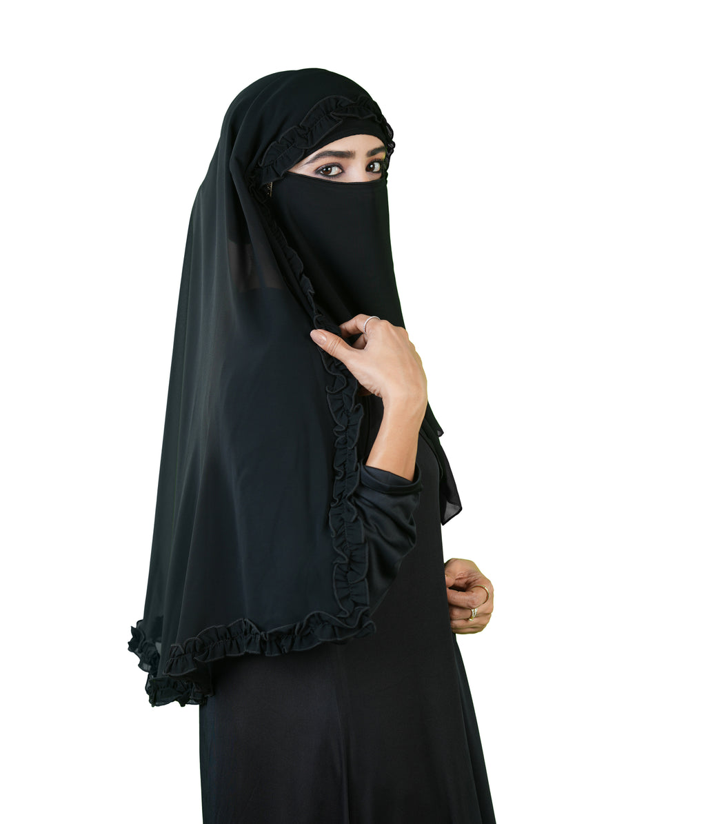Zeba Sultana Premium Black Niqab with Delicate Frill Border Detailing – Elegant