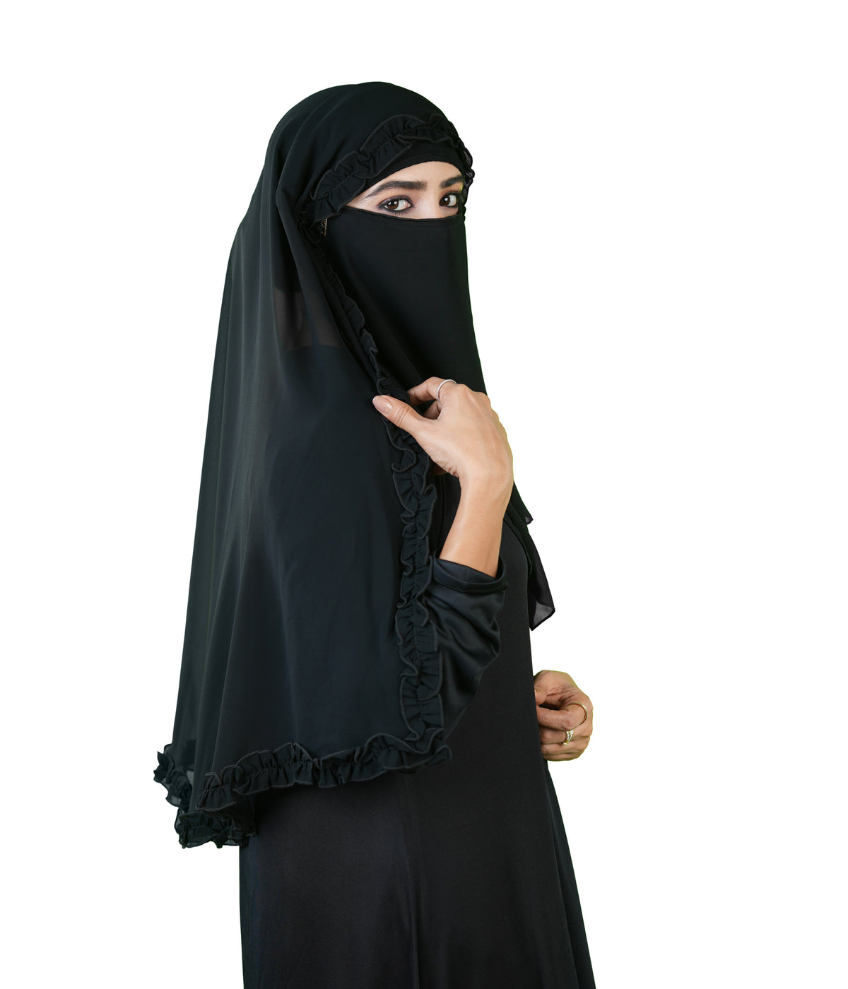 Zeba Sultana Premium Black Niqab with Delicate Frill Border Detailing – Elegant