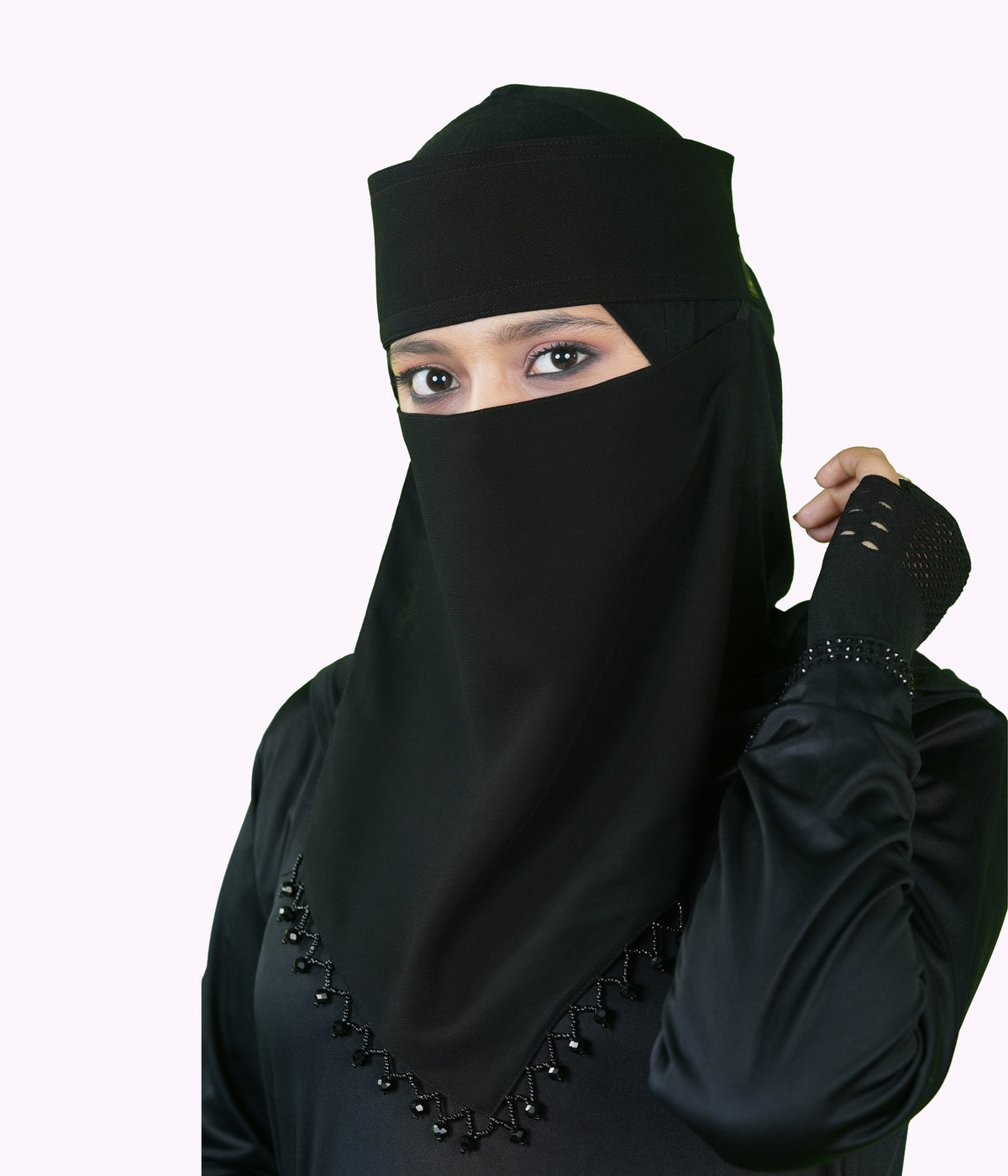 Mehar Hijab | Inaya Black Niqab with Beaded Triangle Embroidery and Headband Cap