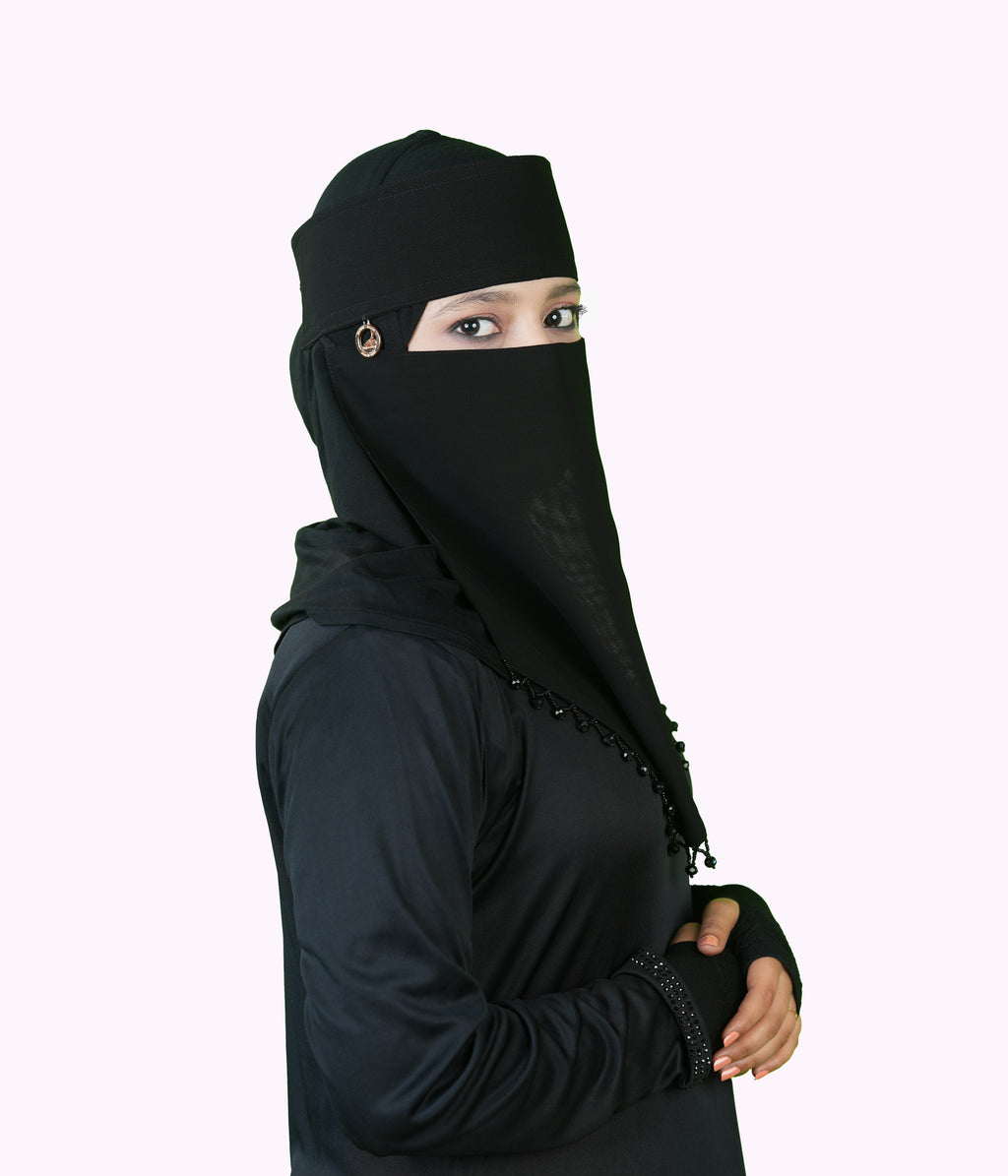 Mehar Hijab | Inaya Black Niqab with Beaded Triangle Embroidery and Headband Cap