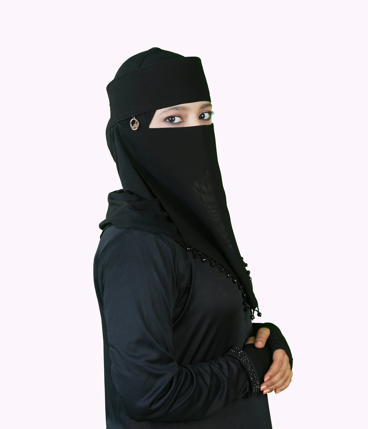 Mehar Hijab | Inaya Black Niqab with Beaded Triangle Embroidery and Headband Cap