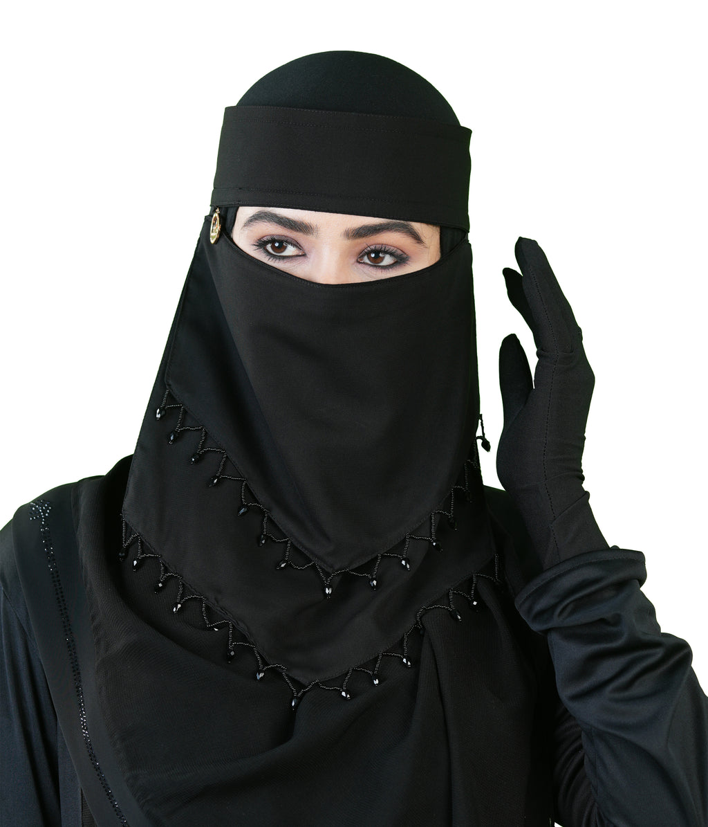 Naila Black Niqab with Elegant Beaded Triangle Embroidery & Headband |