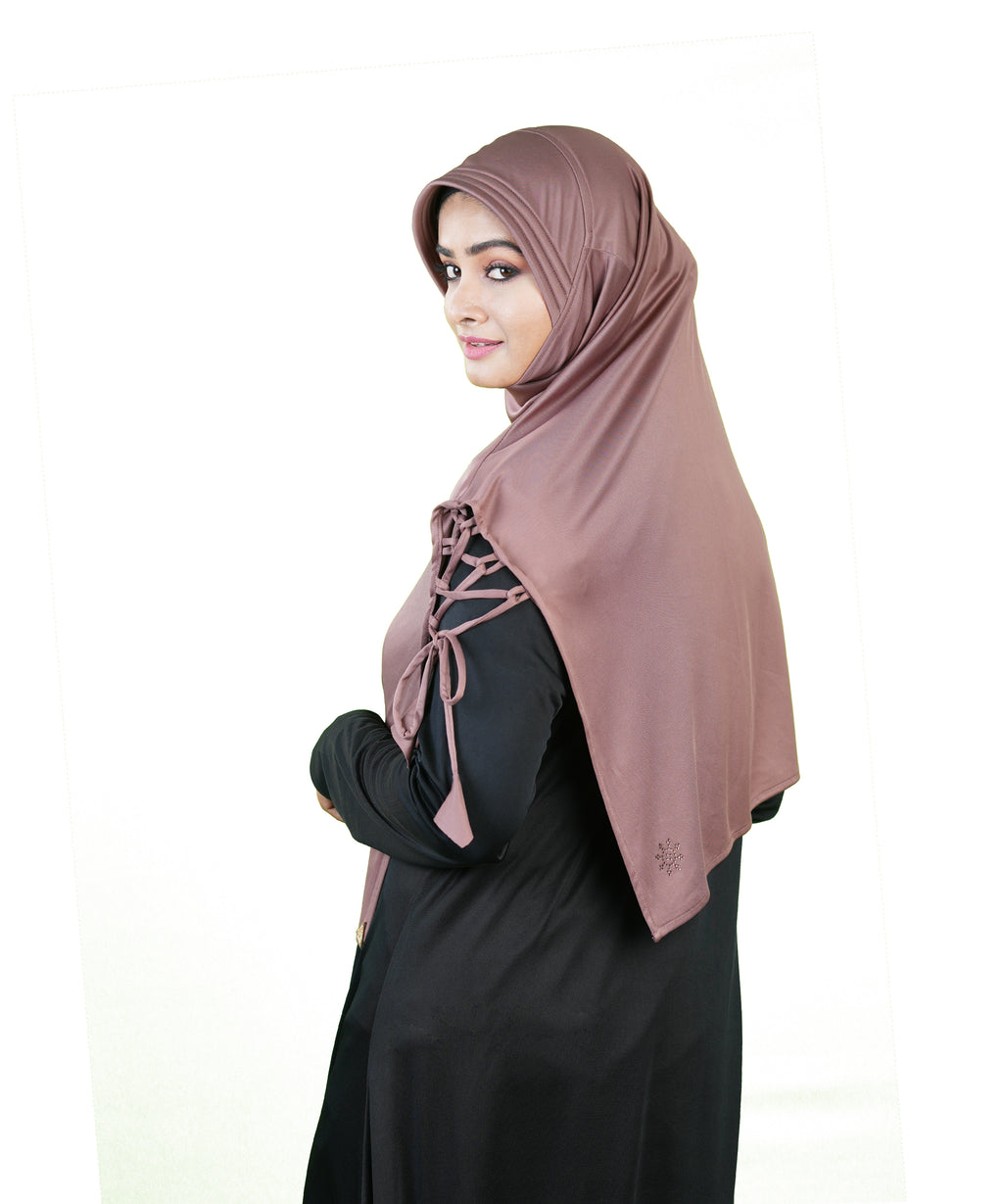Famya Hijab Elegant Modest Hijab with Lace-Up Shoulder & Stone Embellishment