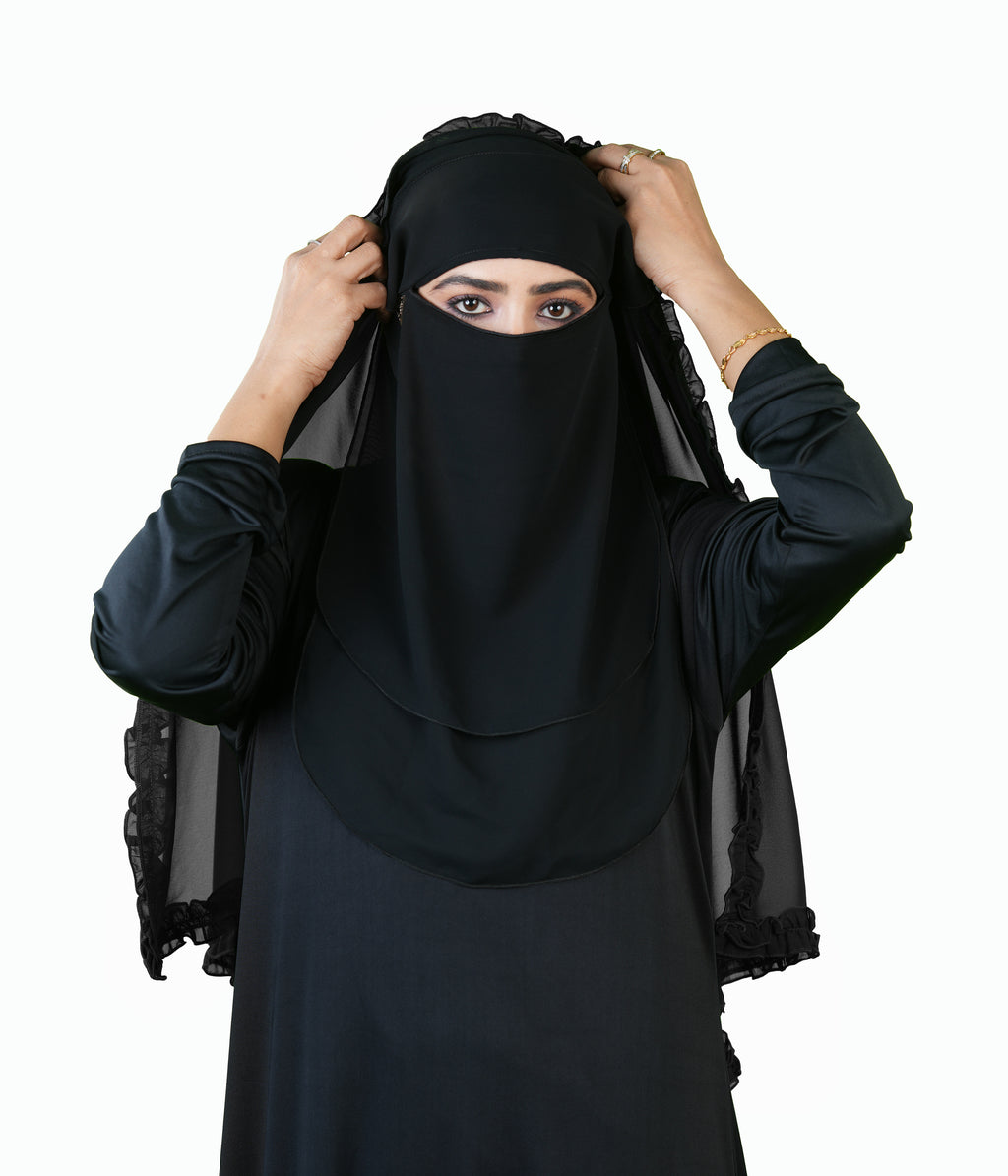 Zeba Sultana Premium Black Niqab with Delicate Frill Border Detailing – Elegant
