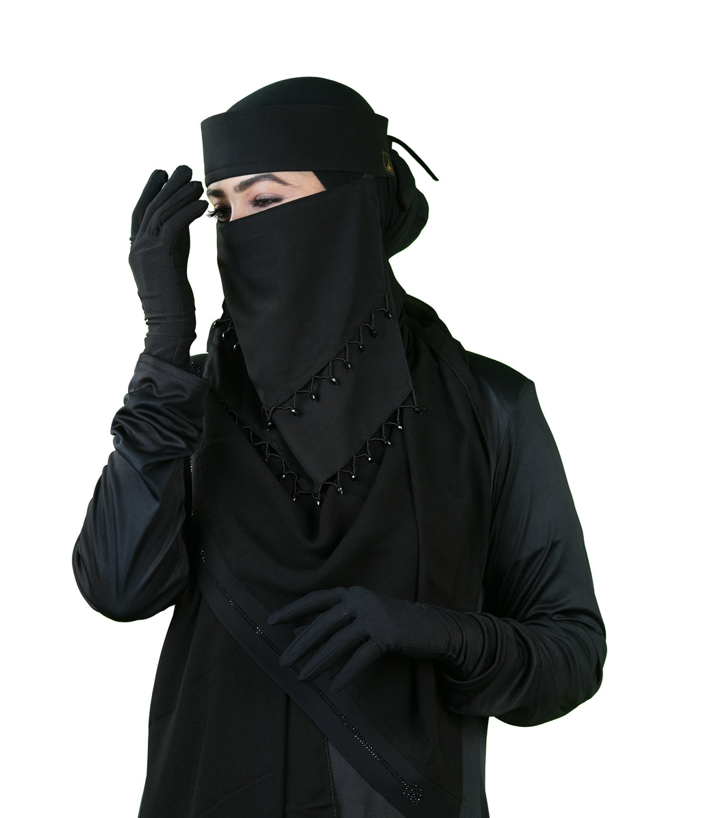 Naila Black Niqab with Elegant Beaded Triangle Embroidery & Headband |