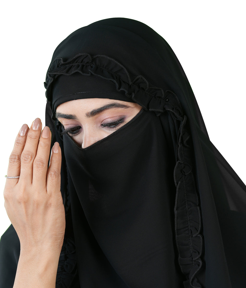 Zeba Sultana Premium Black Niqab with Delicate Frill Border Detailing – Elegant