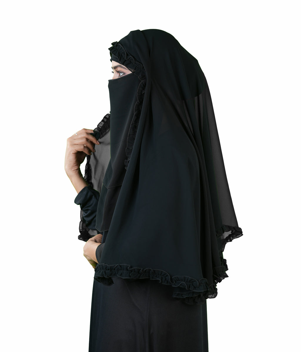 Zeba Sultana Premium Black Niqab with Delicate Frill Border Detailing – Elegant