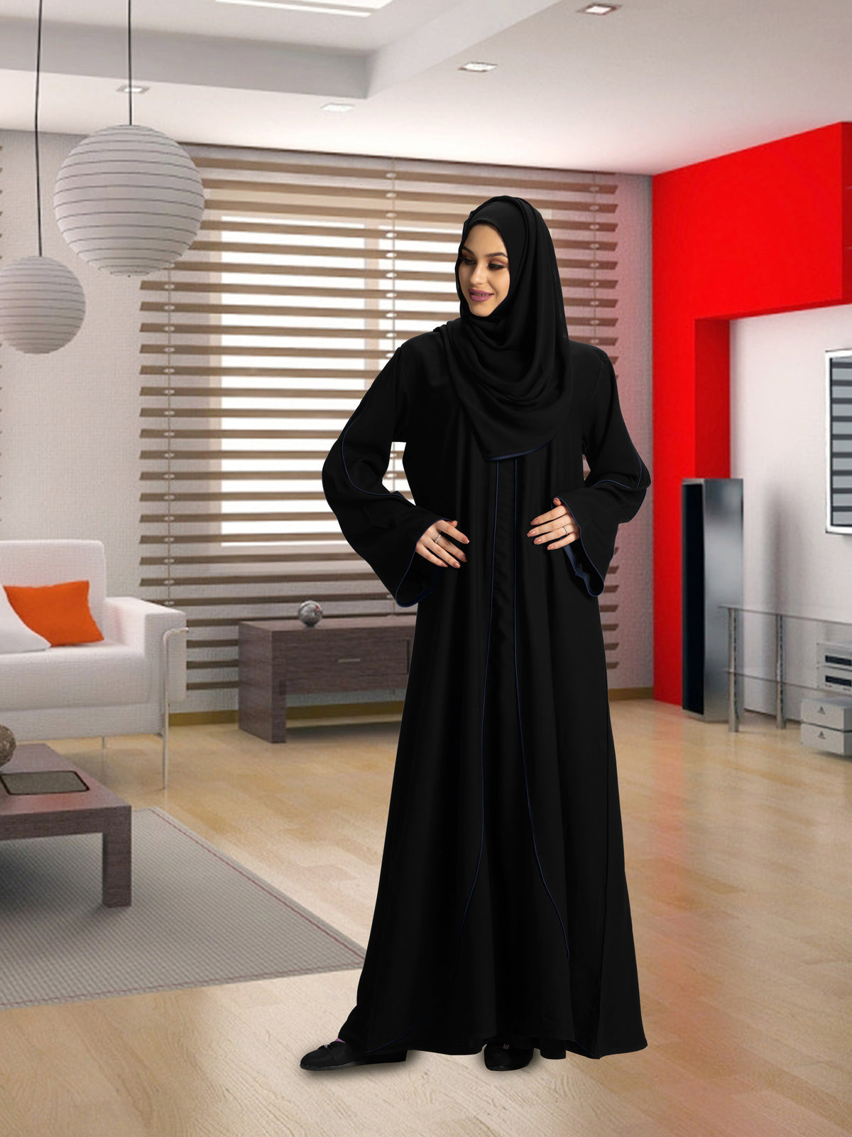 Women's Stylish Designer Aain Abaya Black - Red