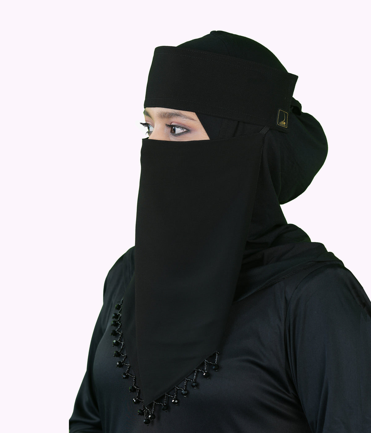 Mehar Hijab | Inaya Black Niqab with Beaded Triangle Embroidery and Headband Cap