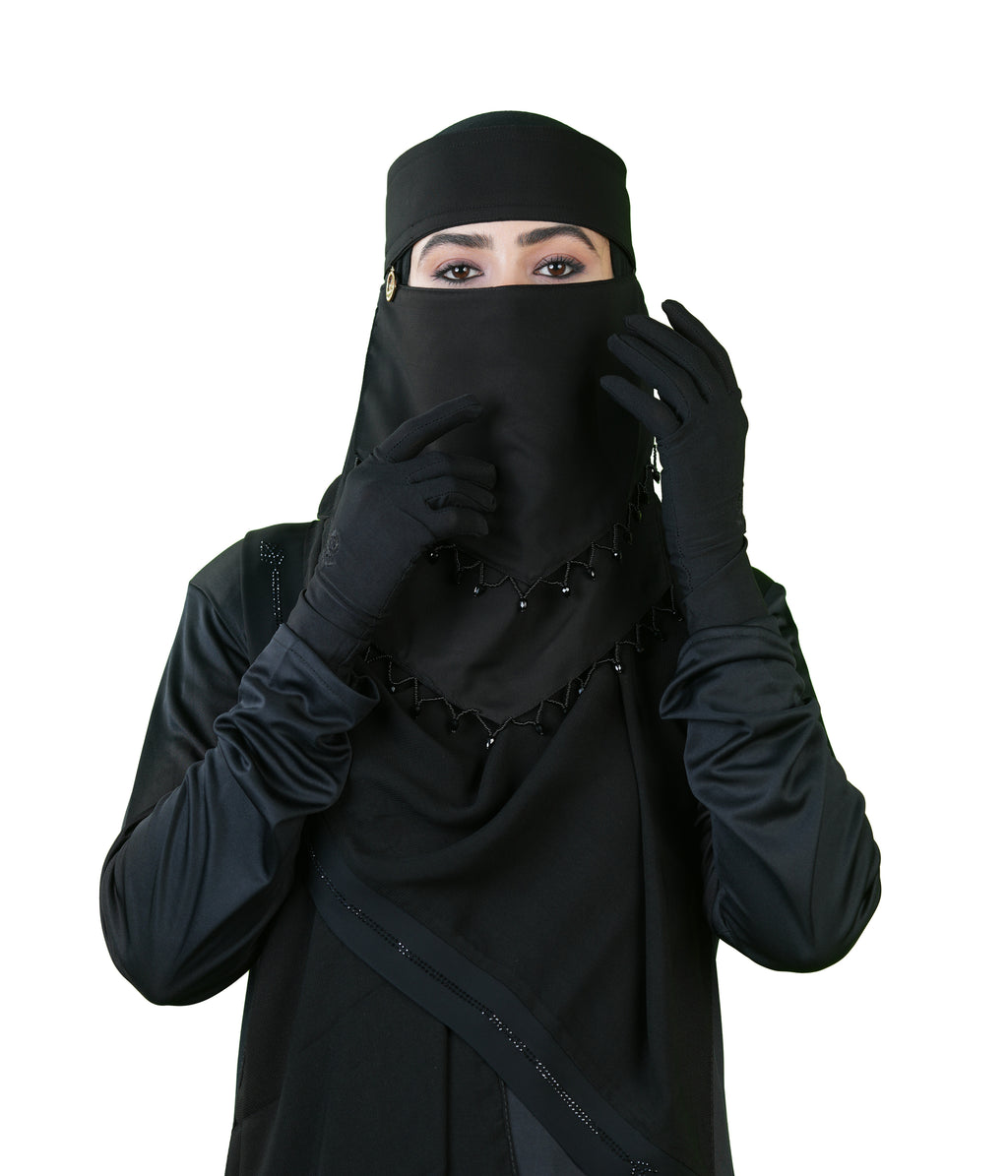 Naila Black Niqab with Elegant Beaded Triangle Embroidery & Headband |