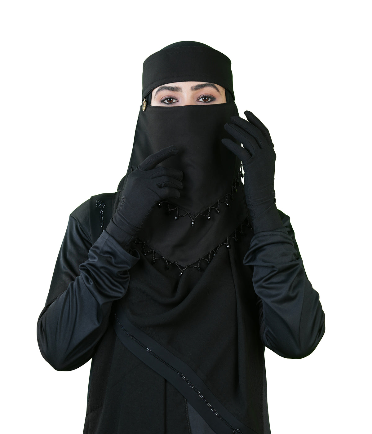 Naila Black Niqab with Elegant Beaded Triangle Embroidery & Headband |