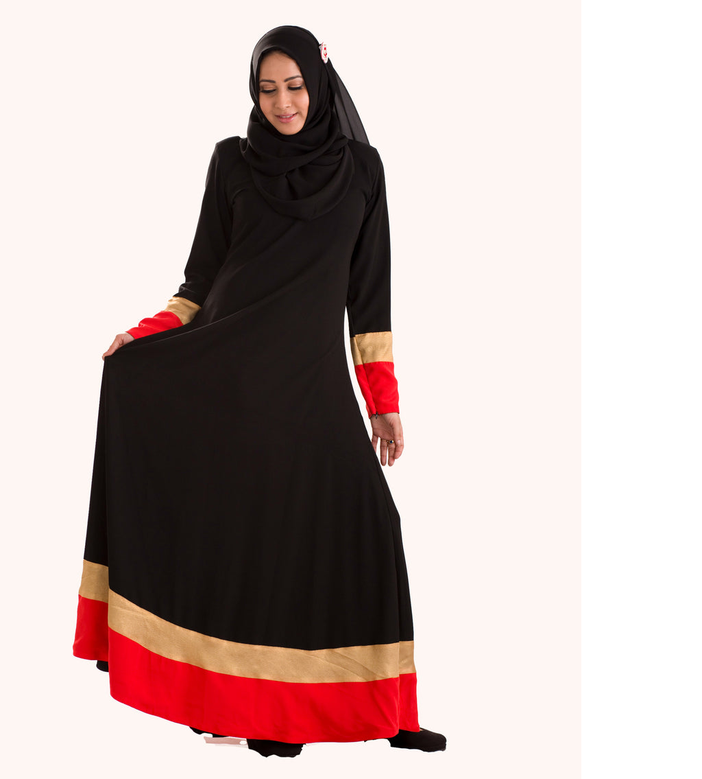 Neelofer Abaya Women's Stylish triple color (BLACK-RED-GOLD) Designer