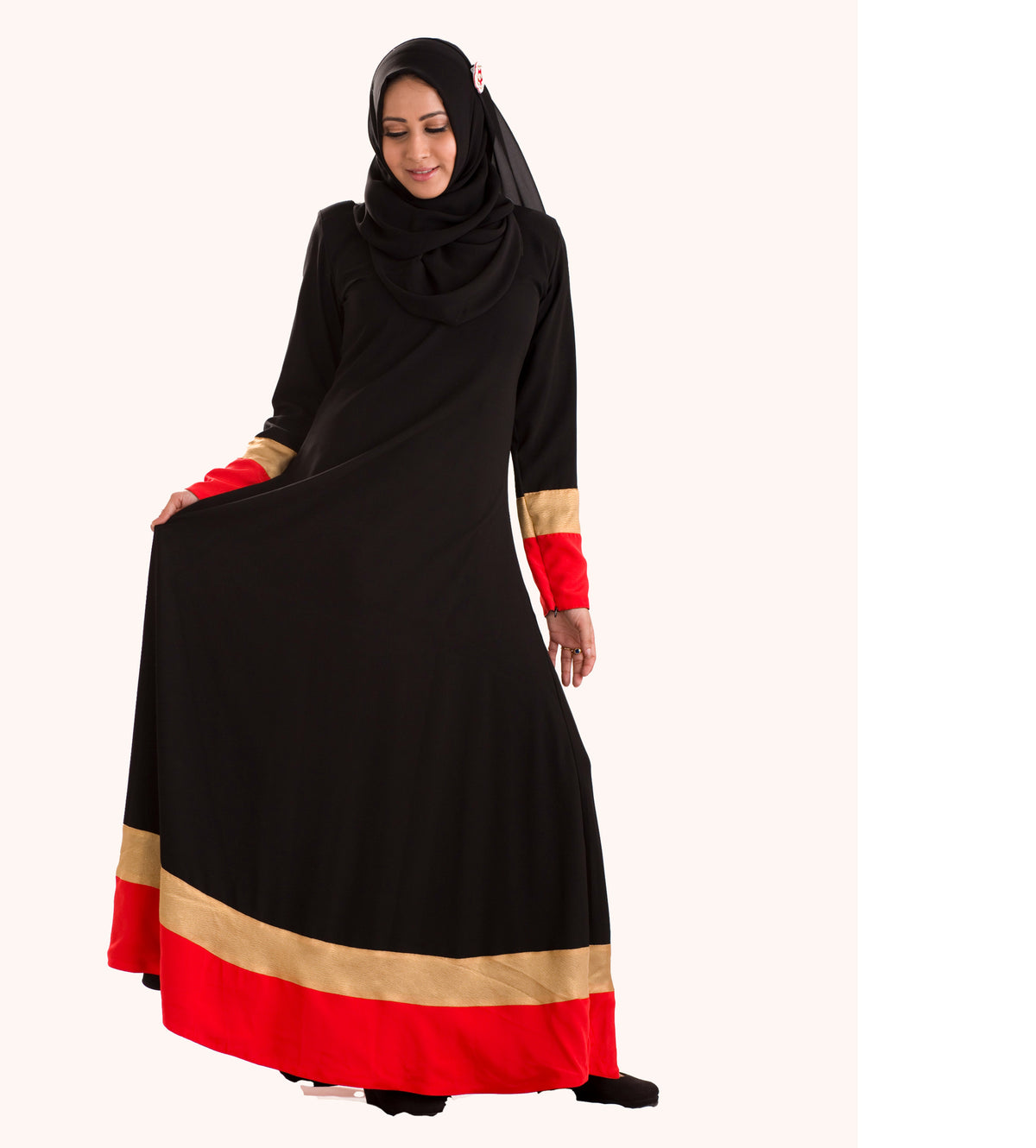 Neelofer Abaya Women's Stylish triple color (BLACK-RED-GOLD) Designer