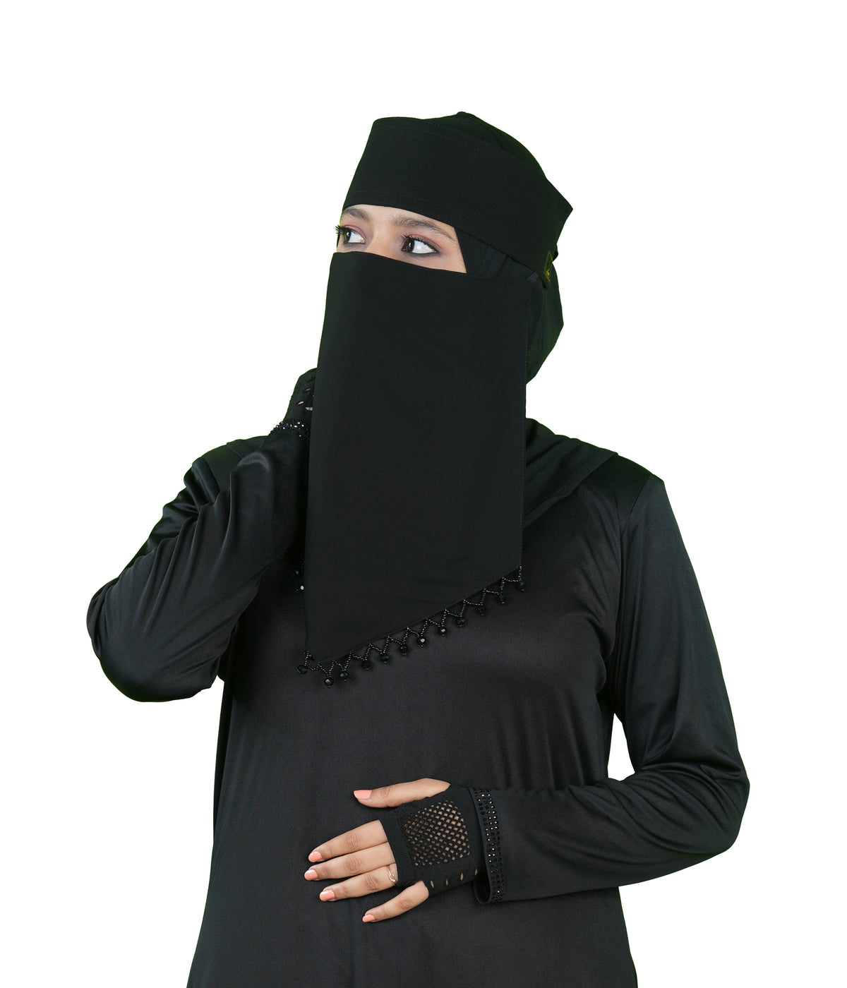 Mehar Hijab | Inaya Black Niqab with Beaded Triangle Embroidery and Headband Cap