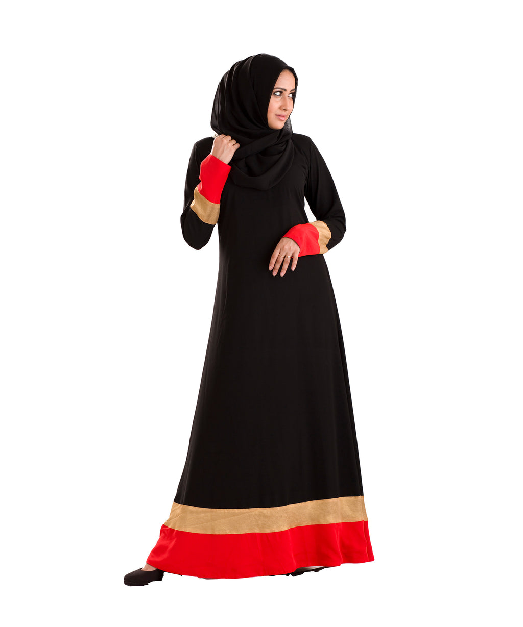 Neelofer Abaya Women's Stylish triple color (BLACK-RED-GOLD) Designer