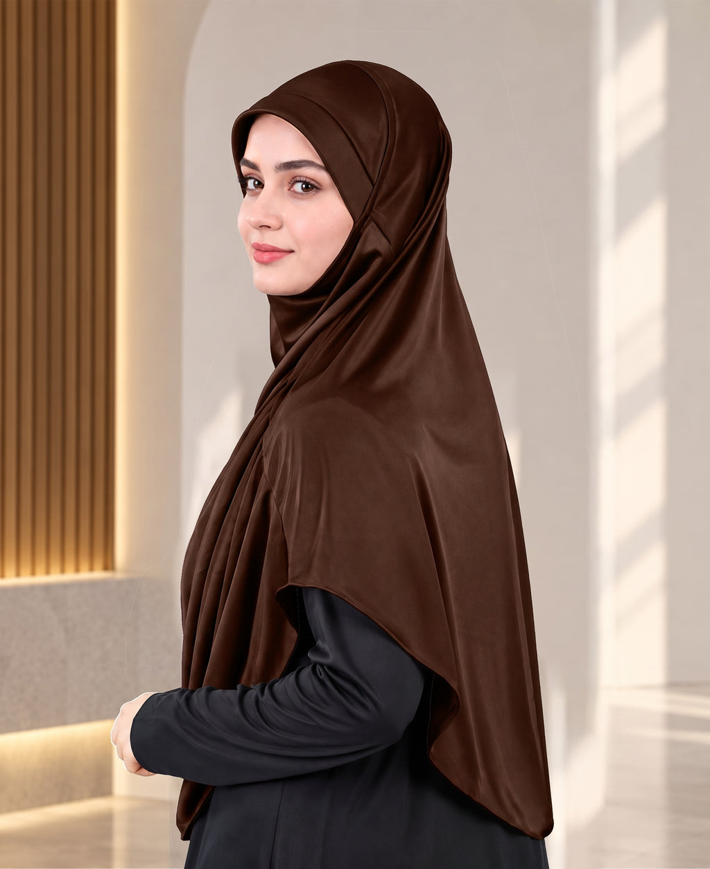 MEHAR HIJAB Faeezah Hijab in Chocolate - side profile showing the drape