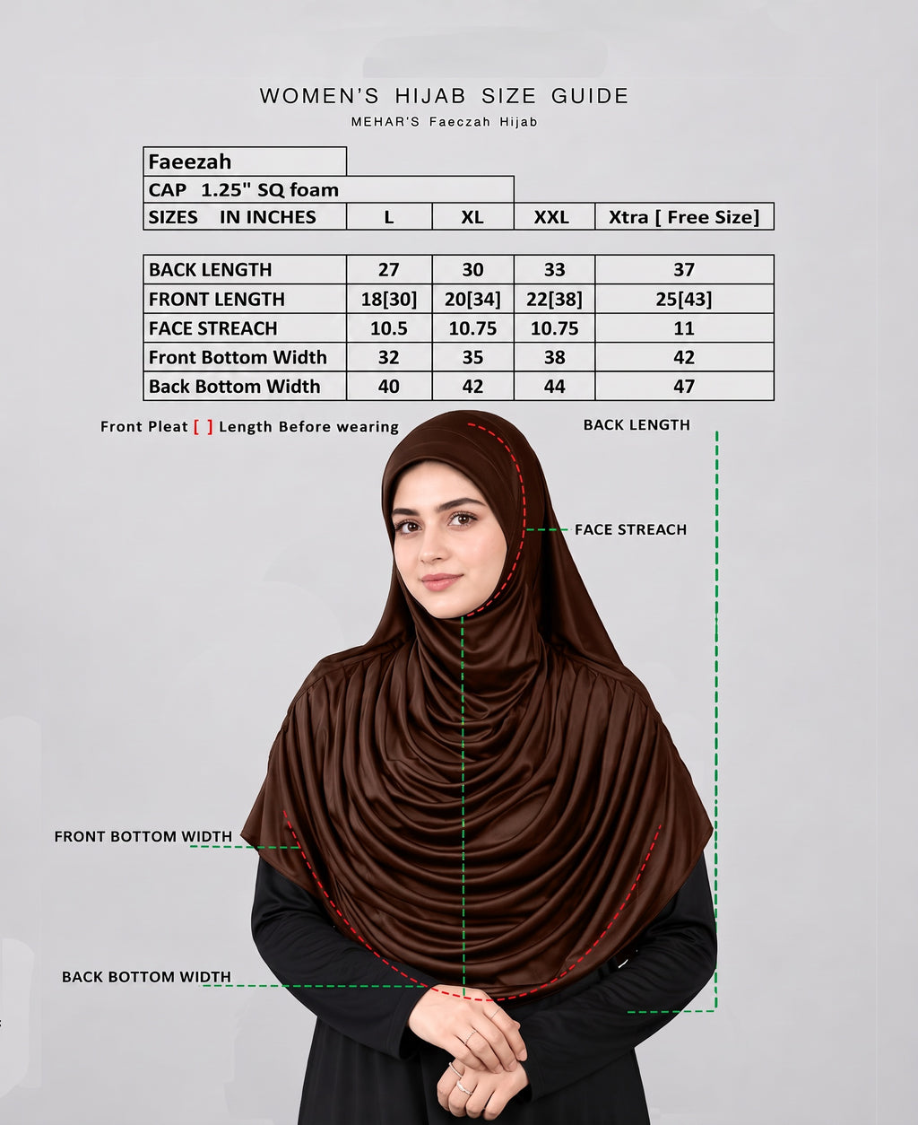 MEHAR HIJAB Faeezah Hijab size guide in inches for L, XL, XXL and Free Size