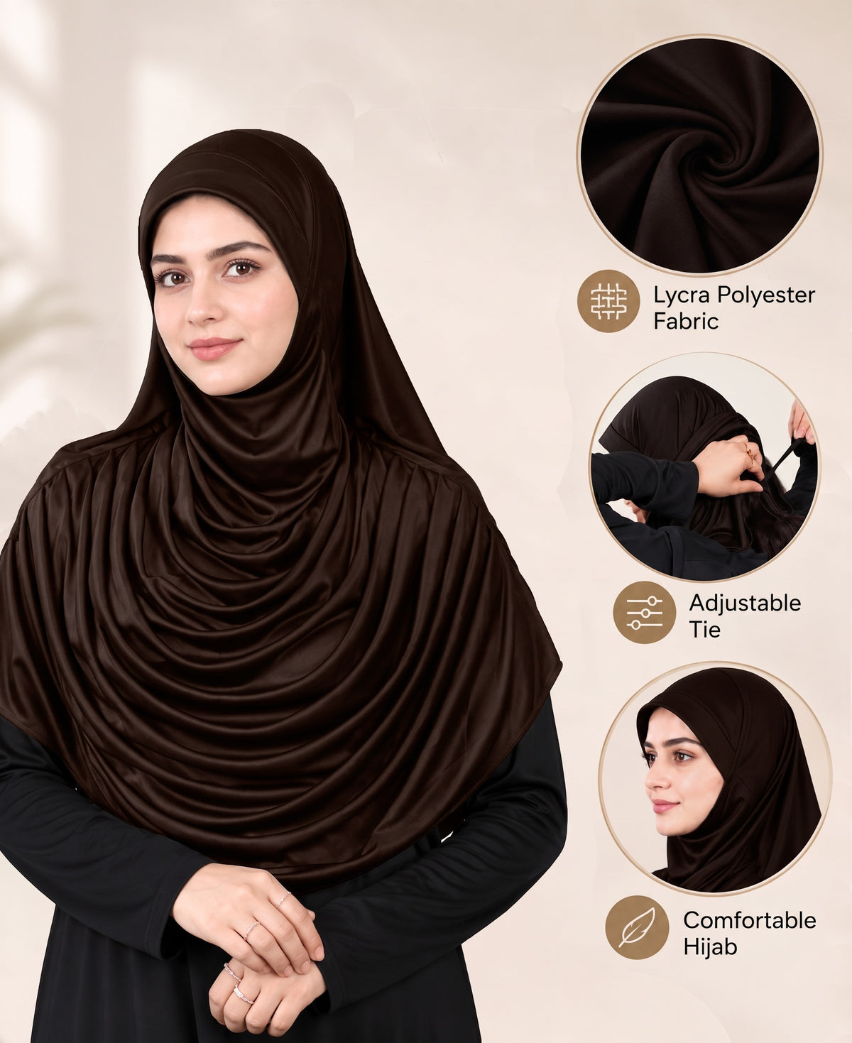MEHAR HIJAB Faeezah Hijab in Cocco - fabric, adjustable tie and comfort details