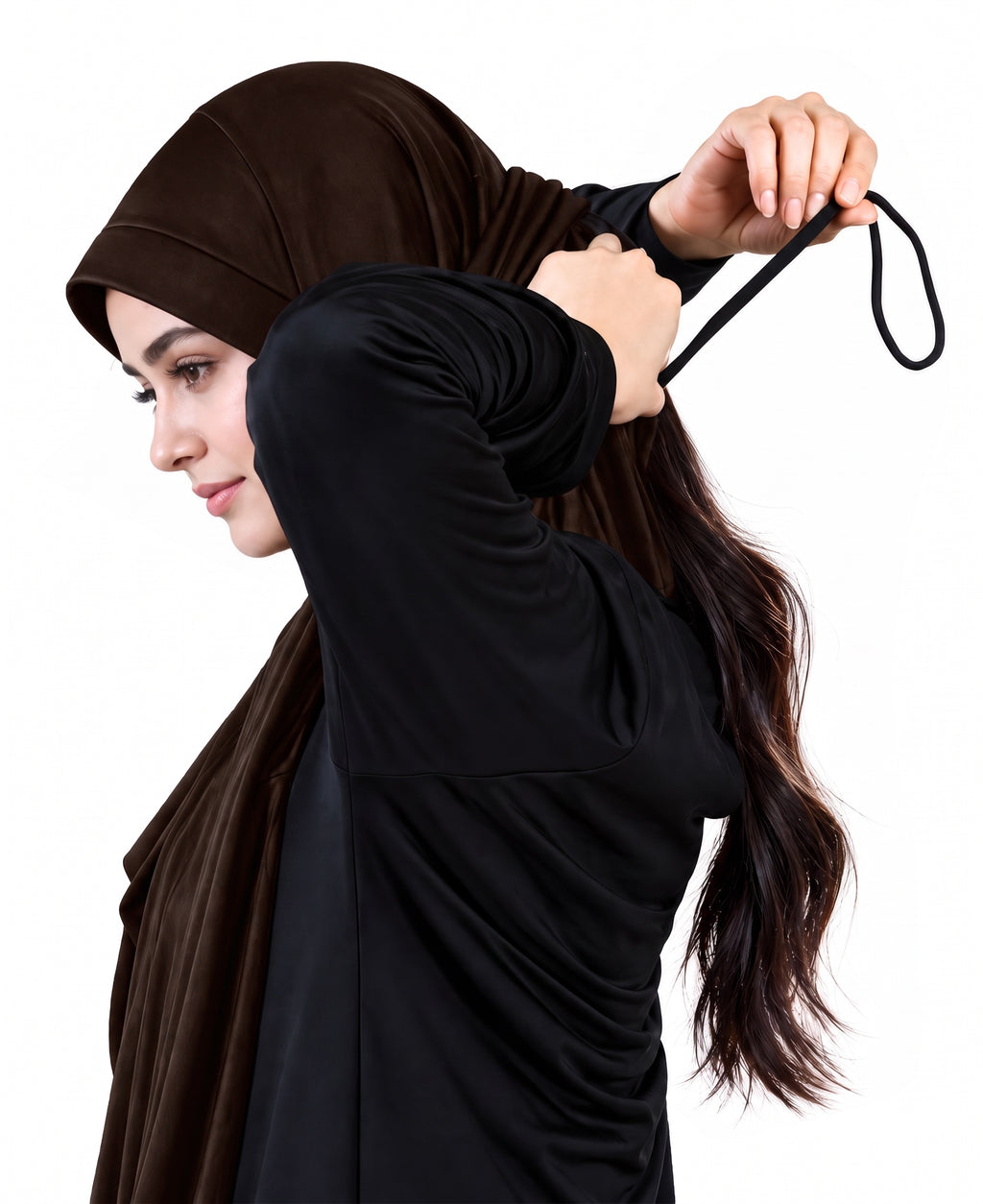 MEHAR HIJAB Faeezah Hijab in Cocco - showing the slip-on fit