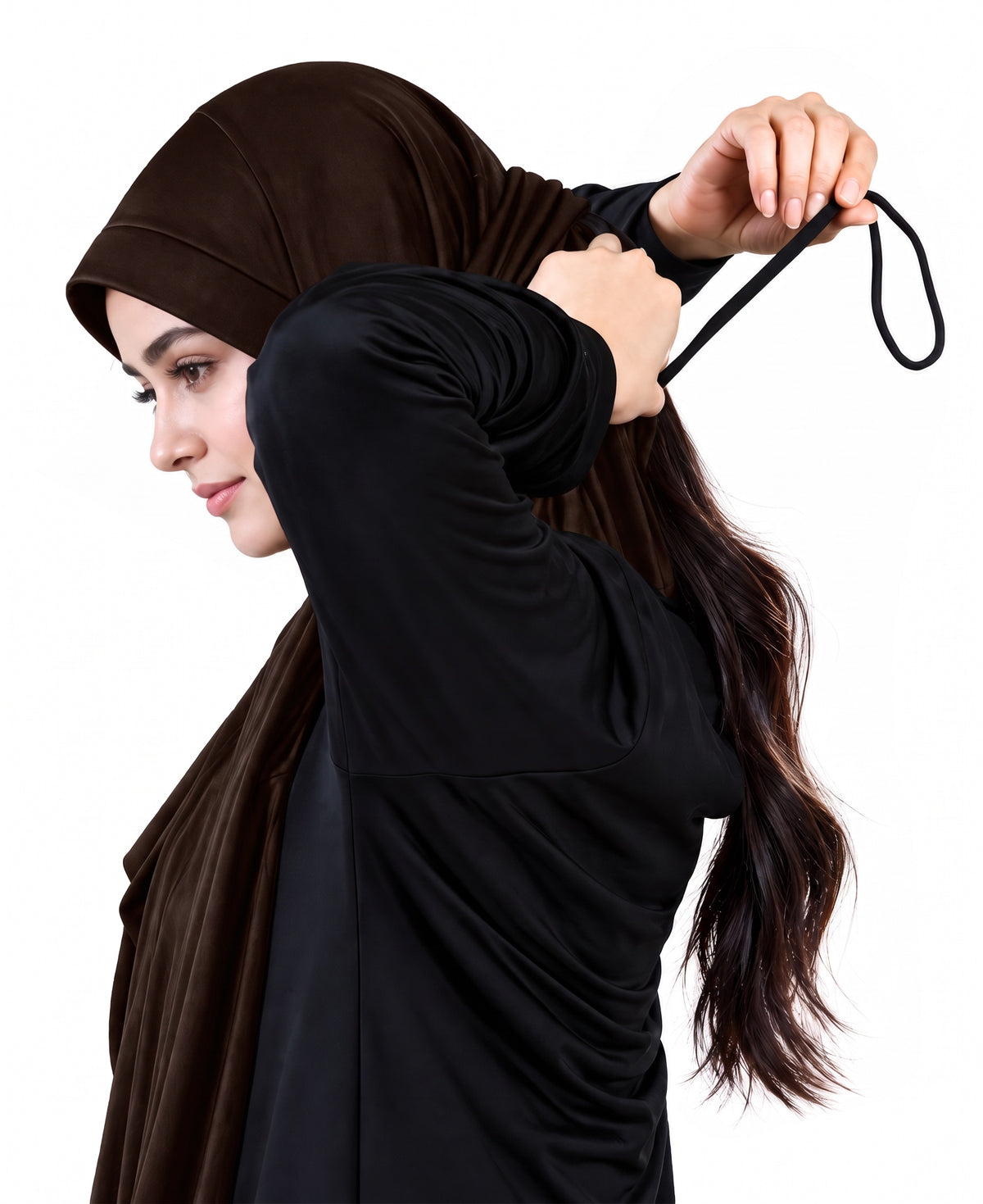 MEHAR HIJAB Faeezah Hijab in Cocco - showing the slip-on fit