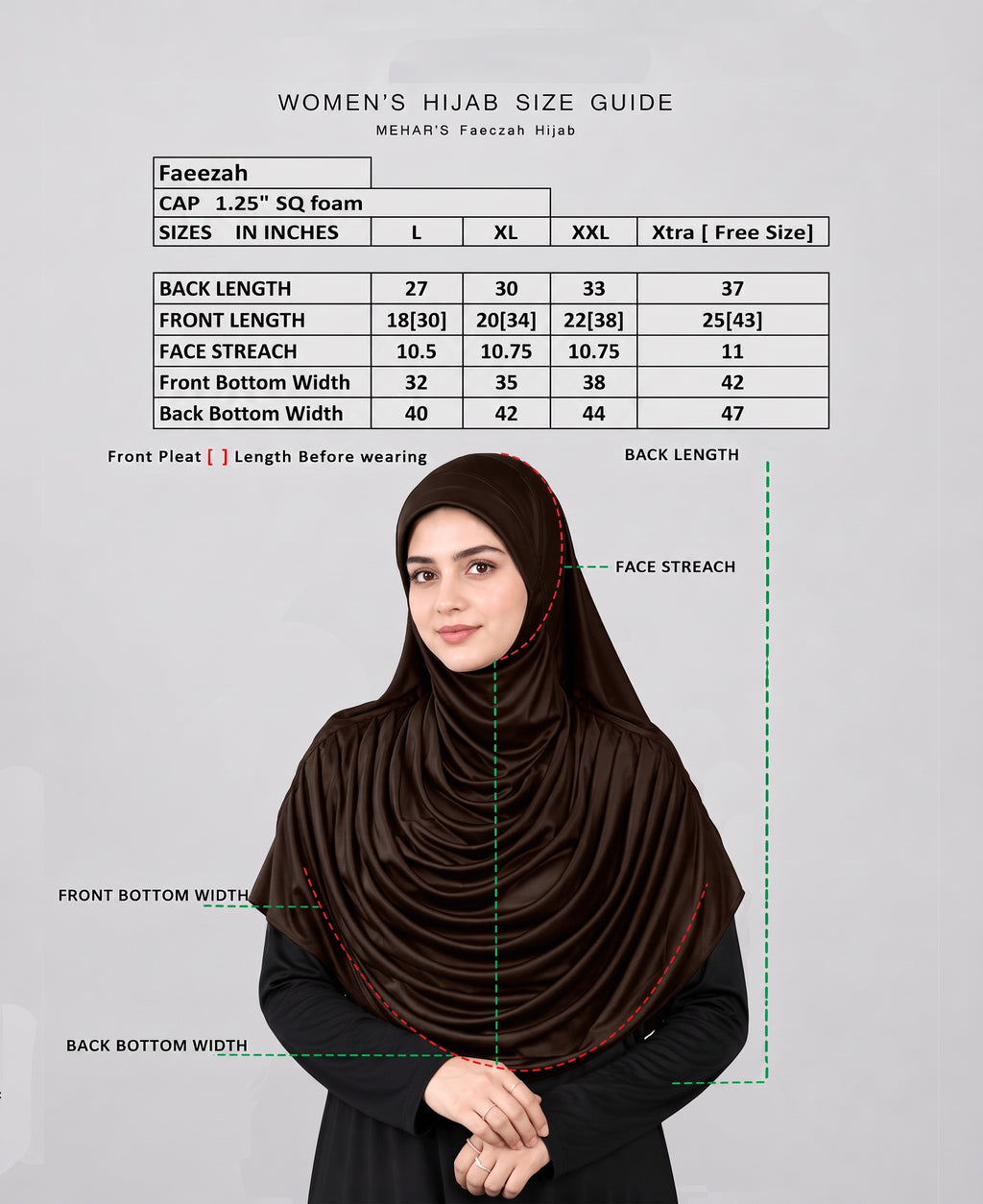 MEHAR HIJAB Faeezah Hijab size guide in inches for L, XL, XXL and Free Size