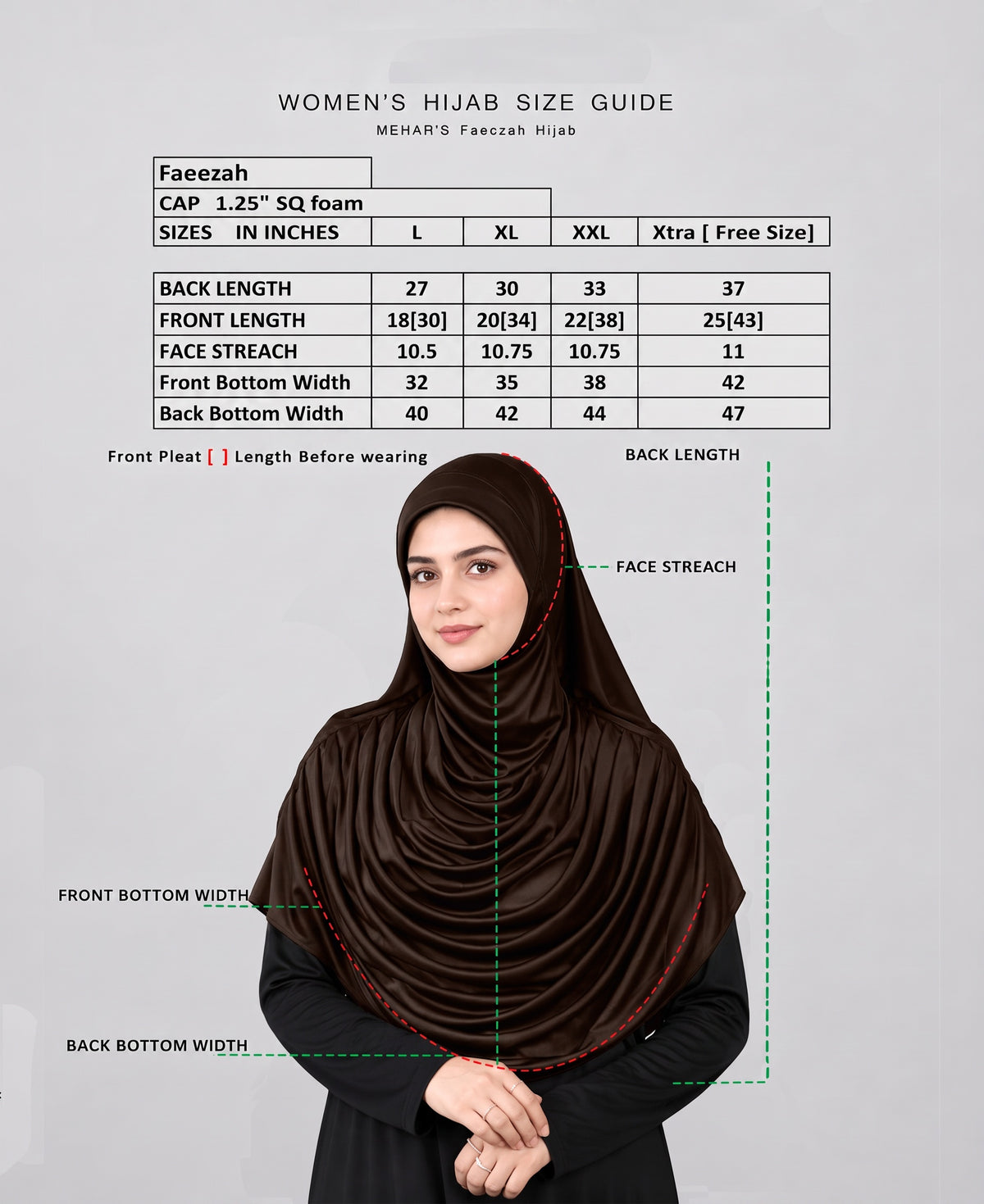 MEHAR HIJAB Faeezah Hijab size guide in inches for L, XL, XXL and Free Size