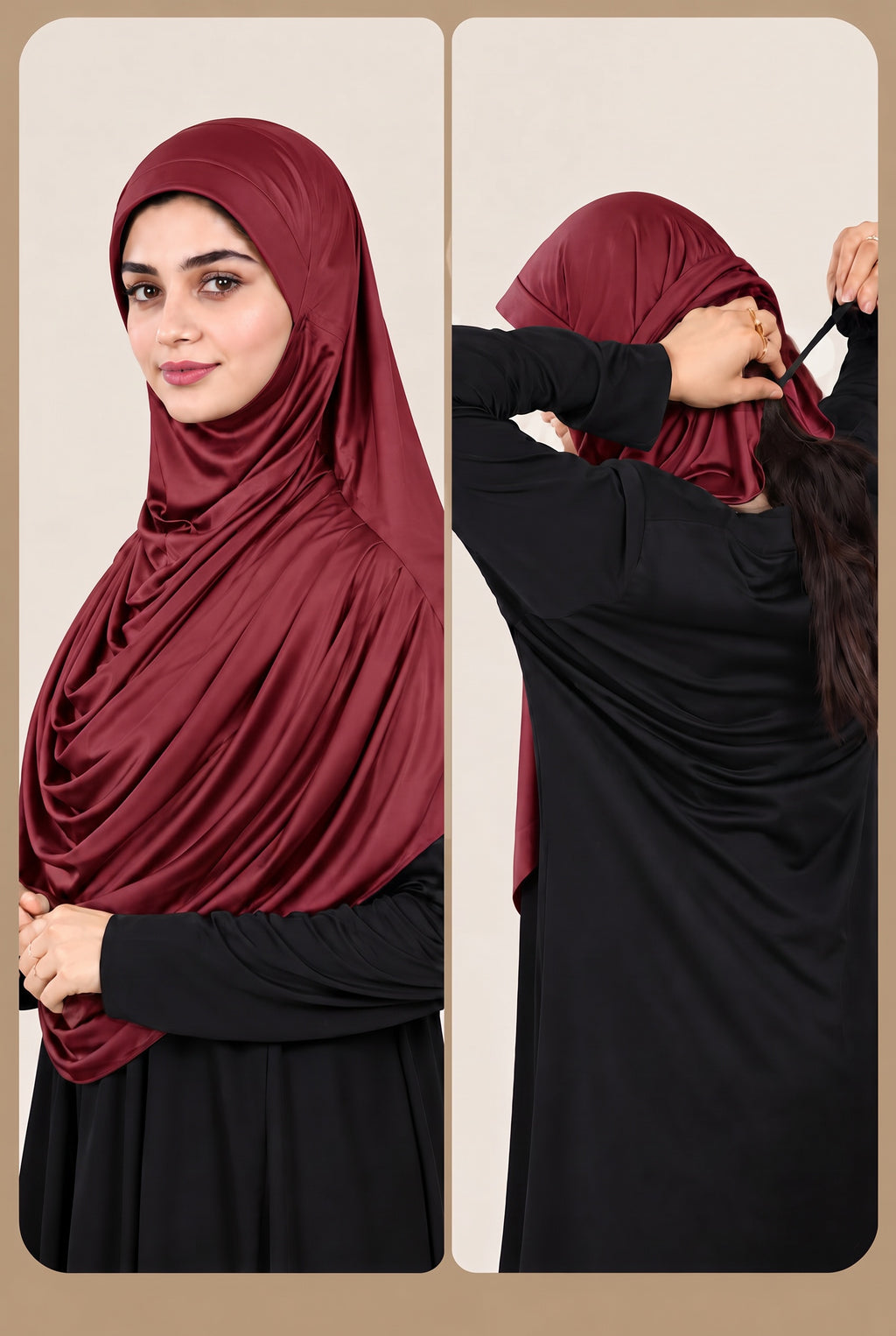 MEHAR HIJAB Faeezah Hijab in Maroon - showing the slip-on fit