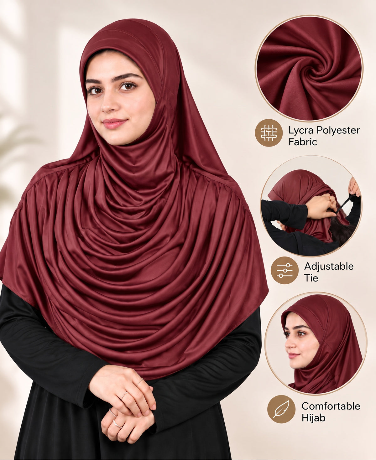 MEHAR HIJAB Faeezah Hijab in Maroon - fabric, adjustable tie and comfort details