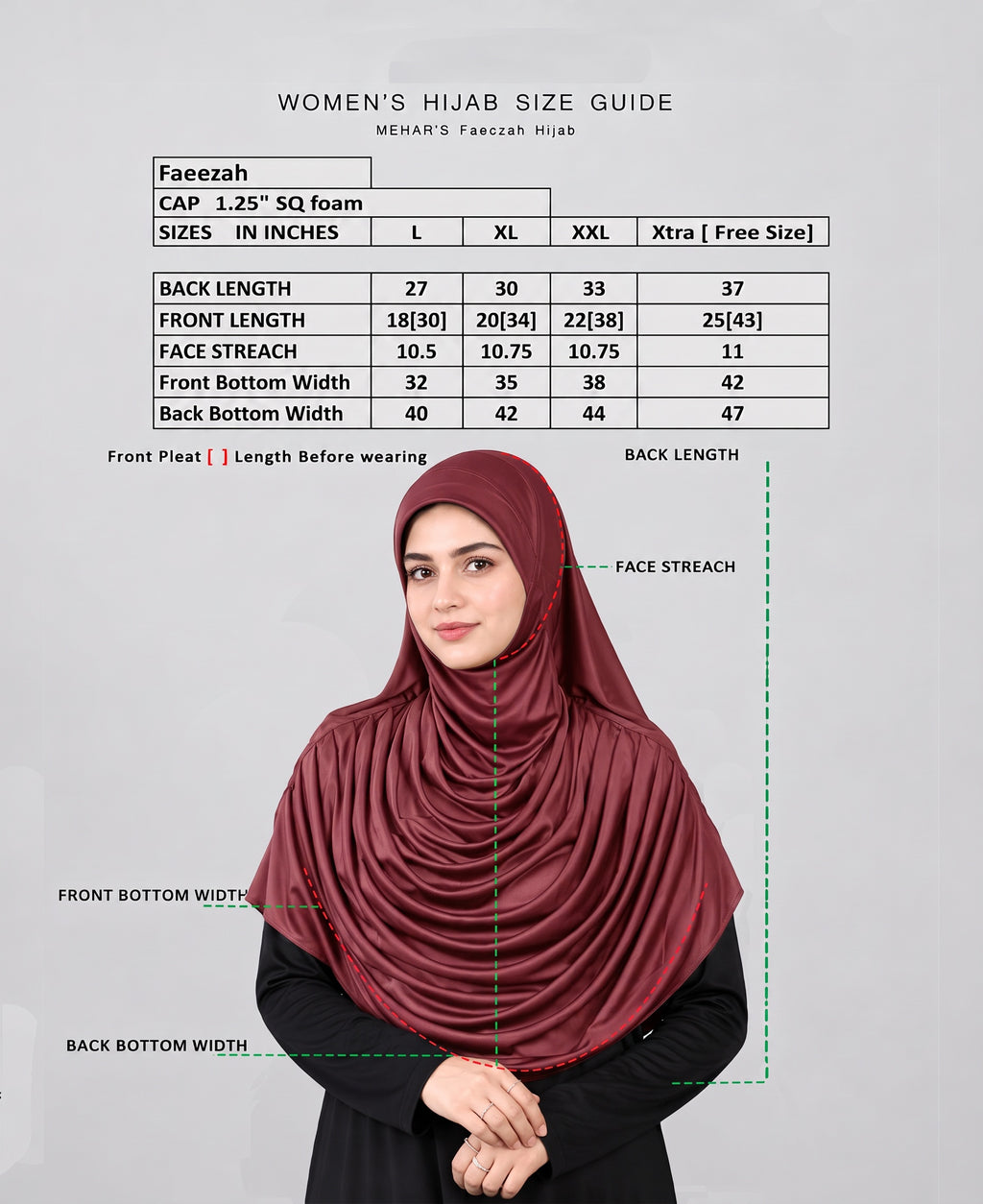 MEHAR HIJAB Faeezah Hijab size guide in inches for L, XL, XXL and Free Size