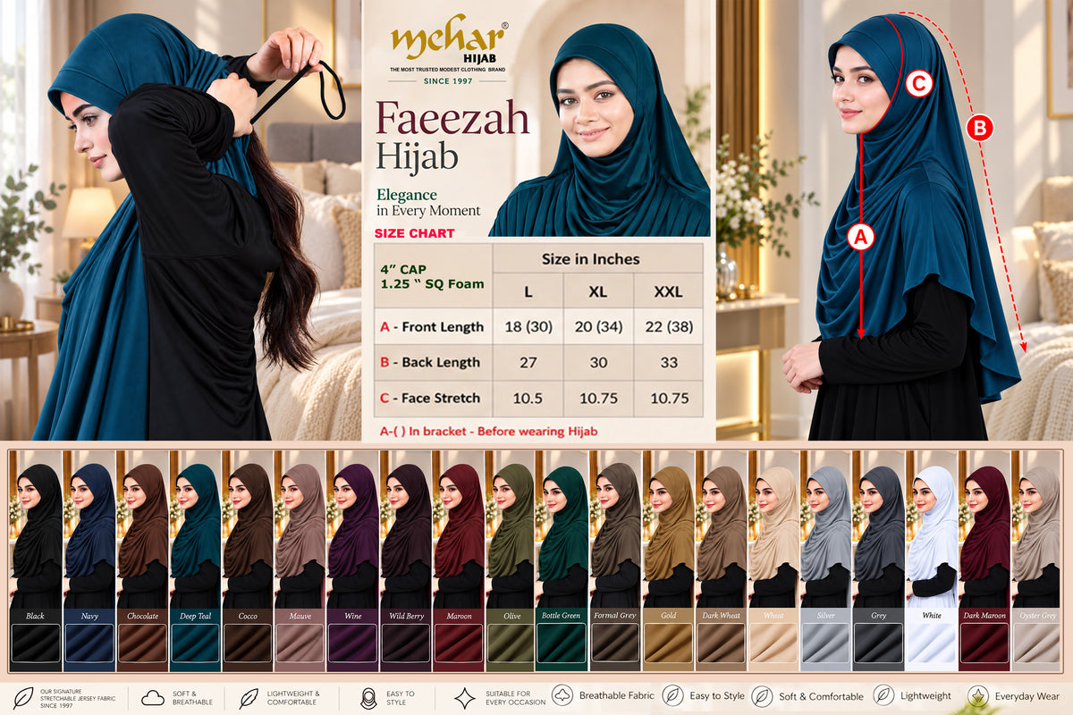 Faeezah Hijab size chart - L, XL, XXL
