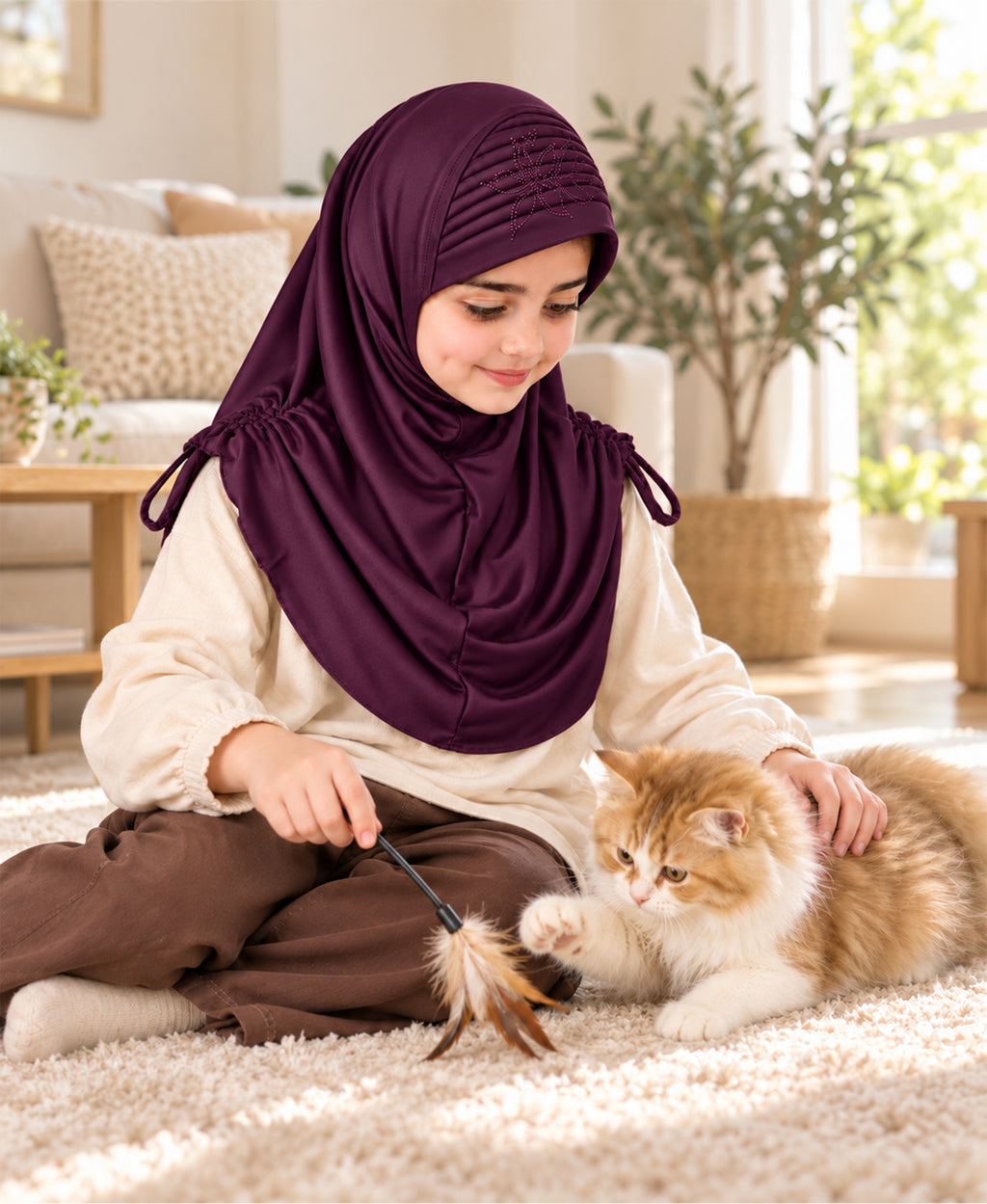 MEHAR Kids Heena Hijab for Girls |Rhinestones & Adjustable Shoulder Ties