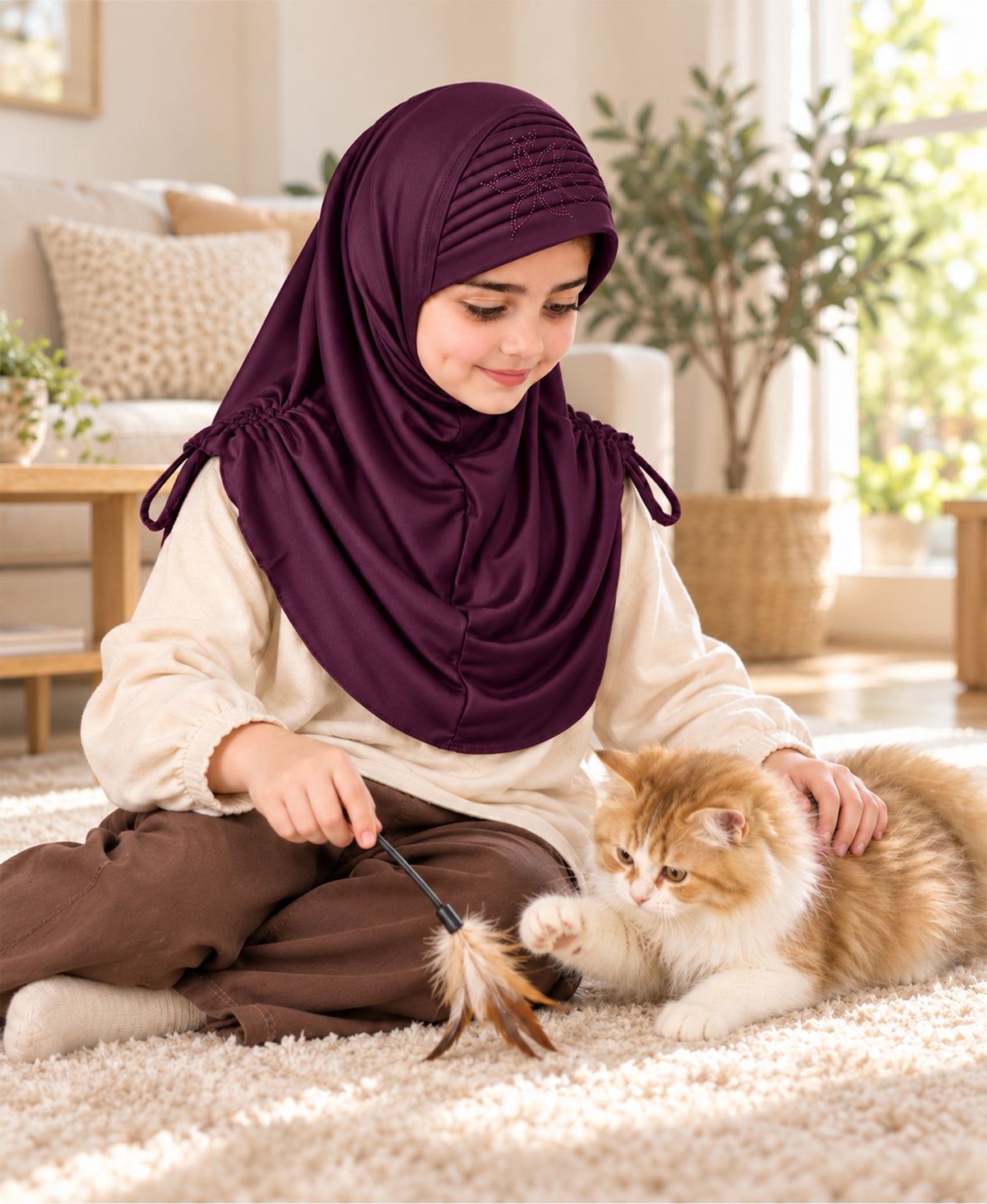 MEHAR Kids Heena Hijab for Girls |Rhinestones & Adjustable Shoulder Ties