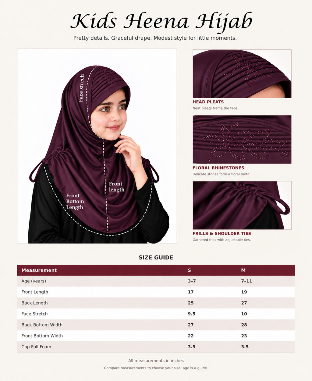 MEHAR Kids Heena Hijab for Girls |Rhinestones & Adjustable Shoulder Ties