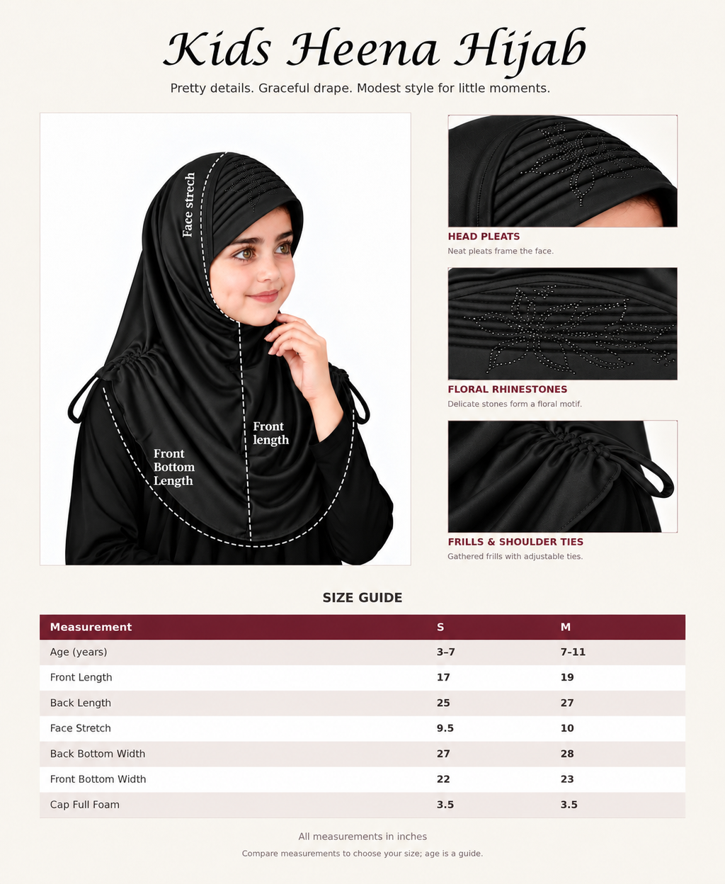 MEHAR Kids Heena Hijab for Girls  Rhinestones & Adjustable Shoulder Ties