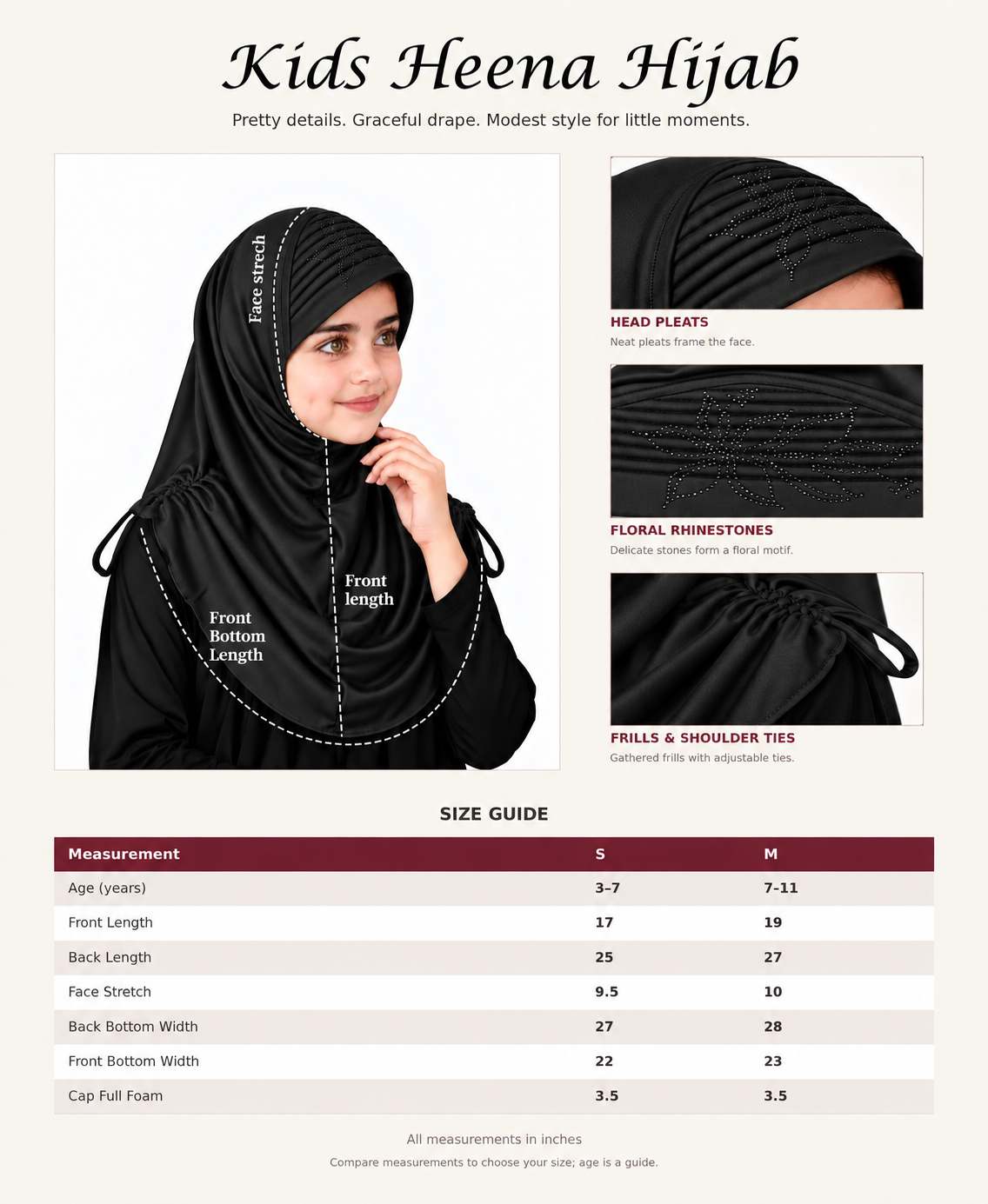 MEHAR Kids Heena Hijab for Girls  Rhinestones & Adjustable Shoulder Ties