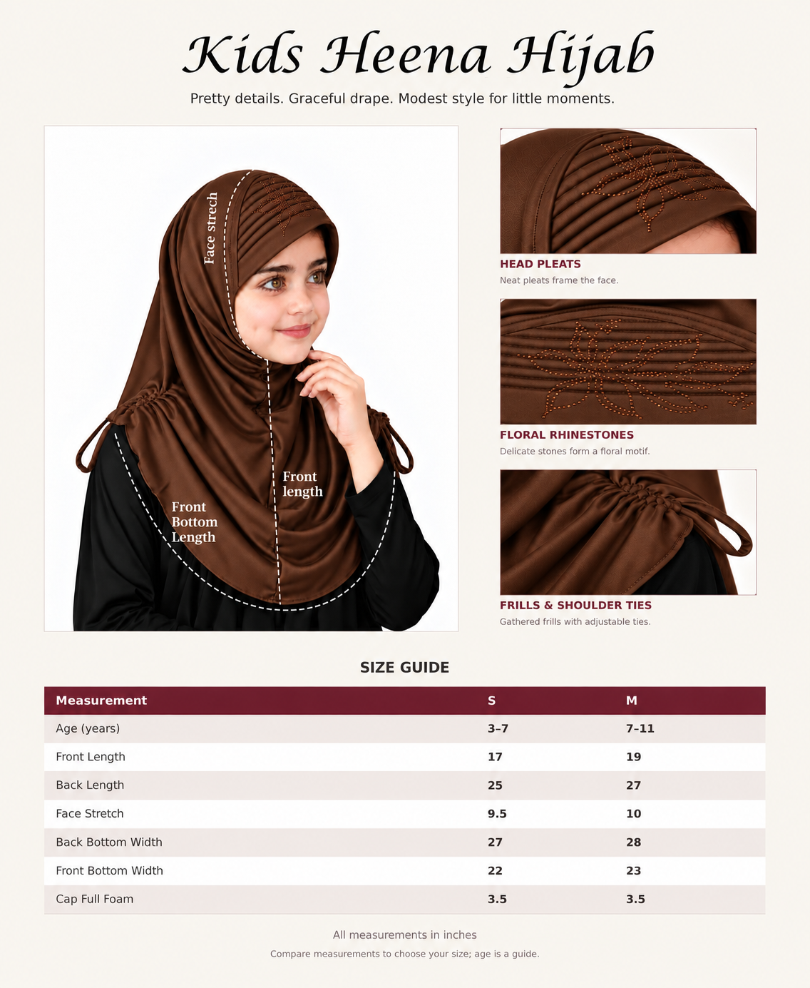 MEHAR Kids Heena Hijab for Girls | Rhinestones & Adjustable Shoulder Ties