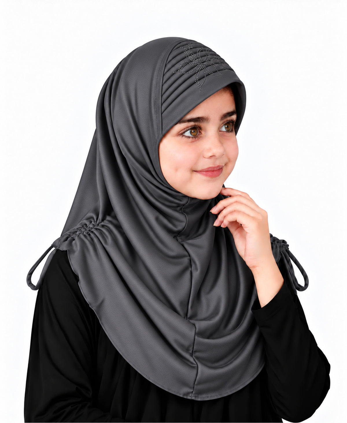 MEHAR Kids Heena Hijab for Girls |Rhinestones & Adjustable Shoulder Ties