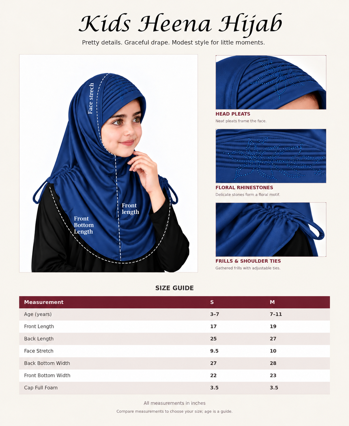 MEHAR Kids Heena Hijab for Girls |  Rhinestones & Adjustable Shoulder Ties