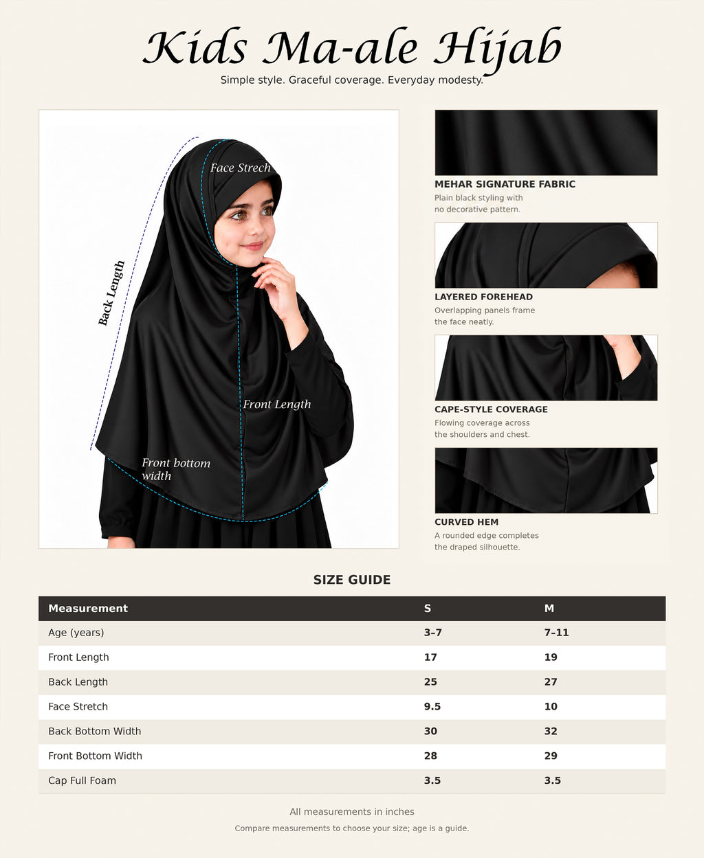 MEHAR Ma-ale Hijab for Girls - Polycotton, Ready-to-Wear