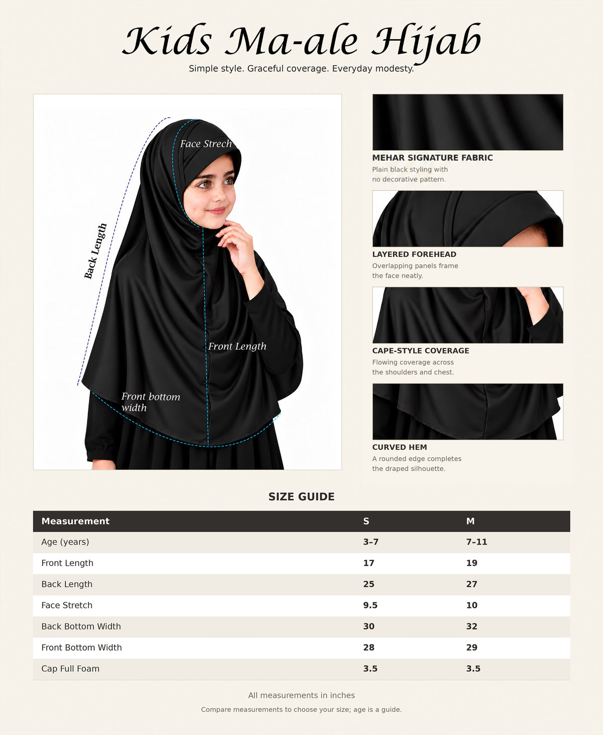 MEHAR Ma-ale Hijab for Girls - Polycotton, Ready-to-Wear